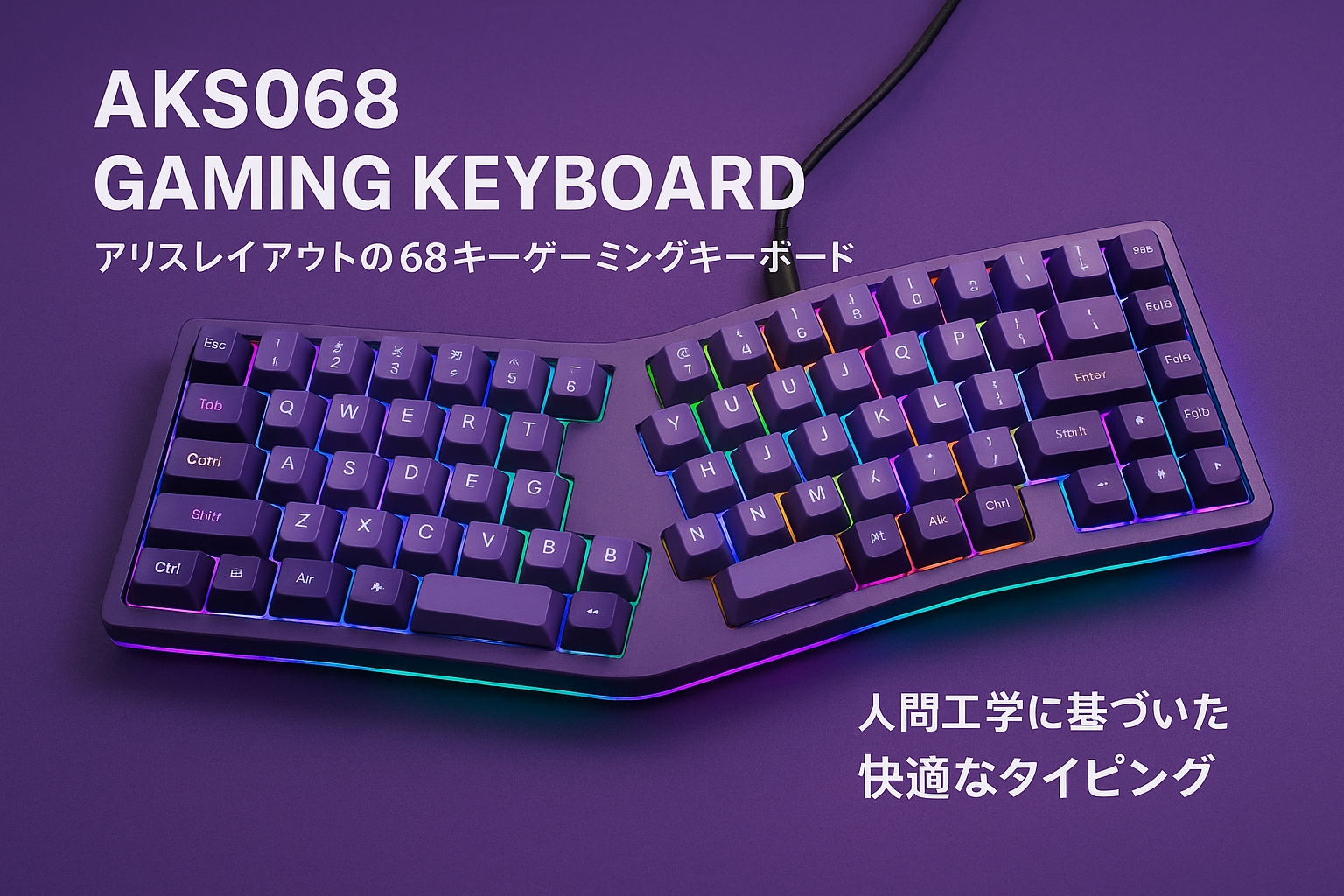 AKS068 ゲーミングキーボード アリスレイアウト 68キーアンチゴーストキー Gasket構造 ホットスワップ可能 人間工学 南向きのRGBバックライト 両側RGBライトPBTキーキャップ Type-C有線 Windows Vista/XP/7/8/10/11、Mac対応(purple)