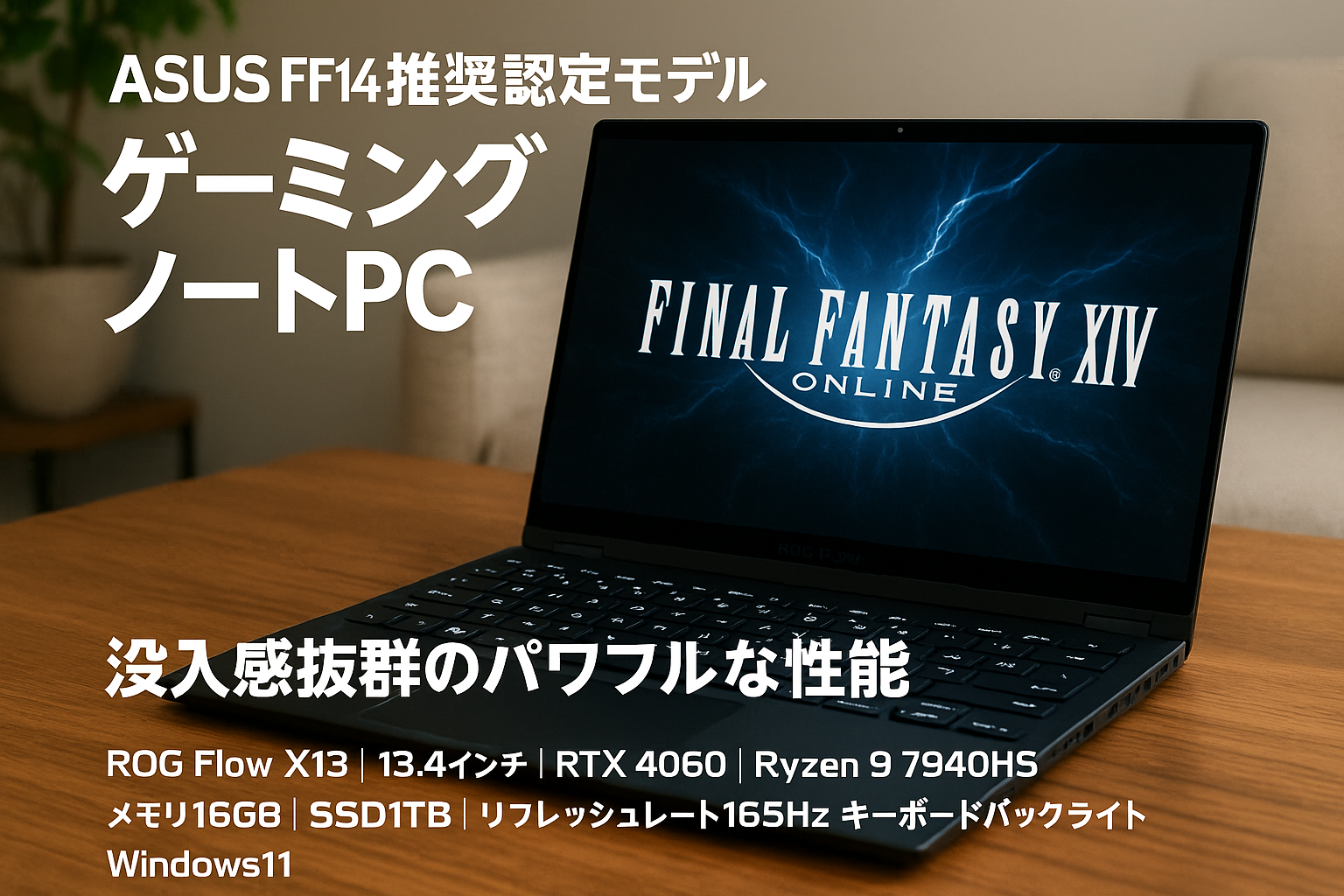 ASUS FF14推奨認定モデル ゲーミングノートPC ROG Flow X13 13.4インチ RTX 4060 Ryzen 9 7940HS メモリ16GB SSD1TB リフレッシュレート165Hz キーボードバックライト Windows11 動画編集 オフブラック GV302XV-R9R4060