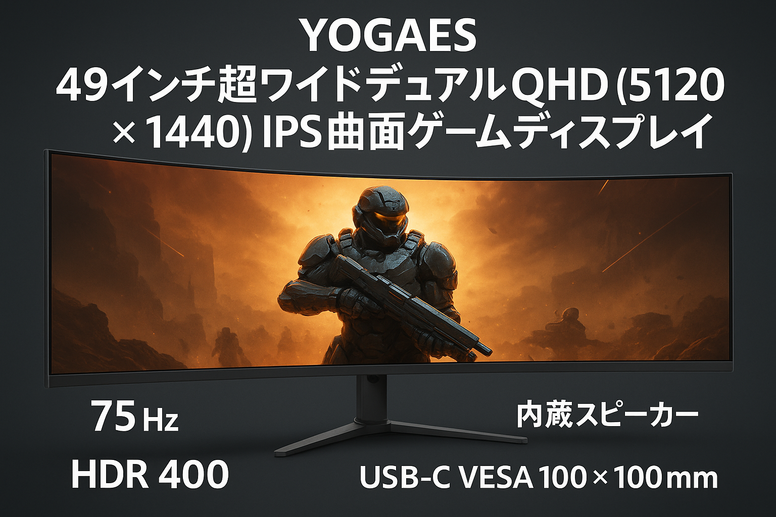 YOGAES 49インチ超ワイドデュアルQHD（5120 x 1440）IPS曲面ゲームディスプレイ、75 Hz、49インチモニター、HDR 400、内蔵スピーカー、USB-C、互換性VESA100*100mm、傾斜と高さ調整可能スタンド、G-SYNC