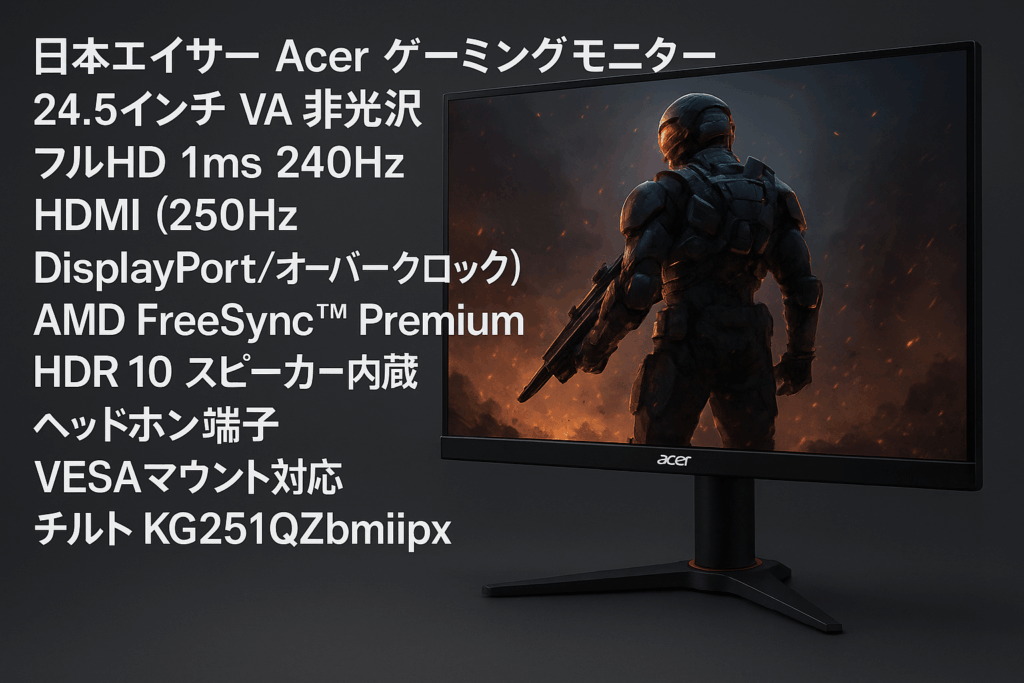 日本エイサー Acer ゲーミングモニター 24.5インチ VA 非光沢 フルHD 1ms 240Hz HDMI (250Hz DisplayPort/オーバークロック) AMD FreeSync™ Premium HDR 10 スピーカー内蔵 ヘッドホン端子 VESAマウント対応 チルト KG251QZbmiipx