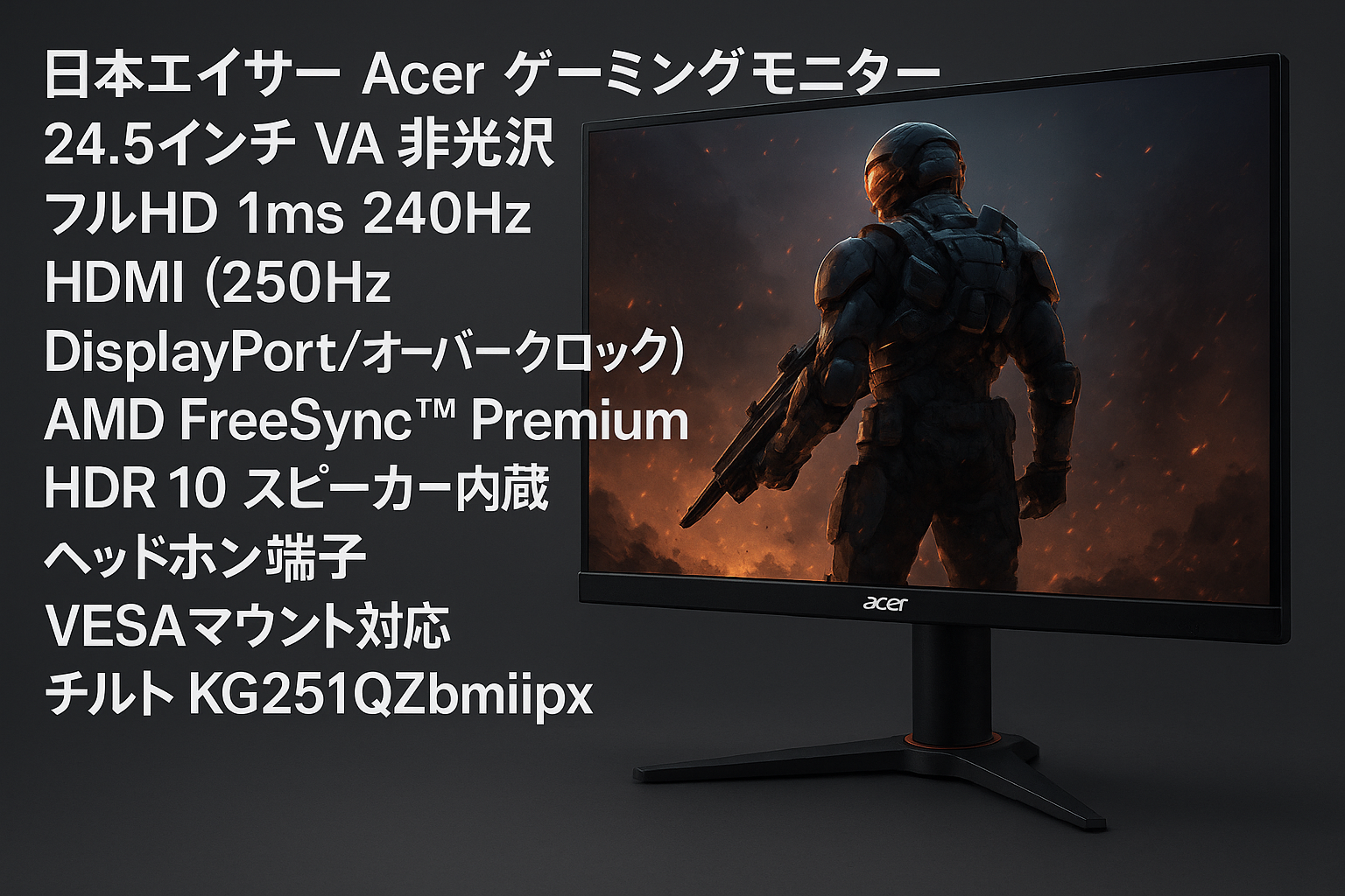 日本エイサー Acer ゲーミングモニター 24.5インチ VA 非光沢 フルHD 1ms 240Hz HDMI (250Hz DisplayPort/オーバークロック) AMD FreeSync™ Premium HDR 10 スピーカー内蔵 ヘッドホン端子 VESAマウント対応 チルト KG251QZbmiipx