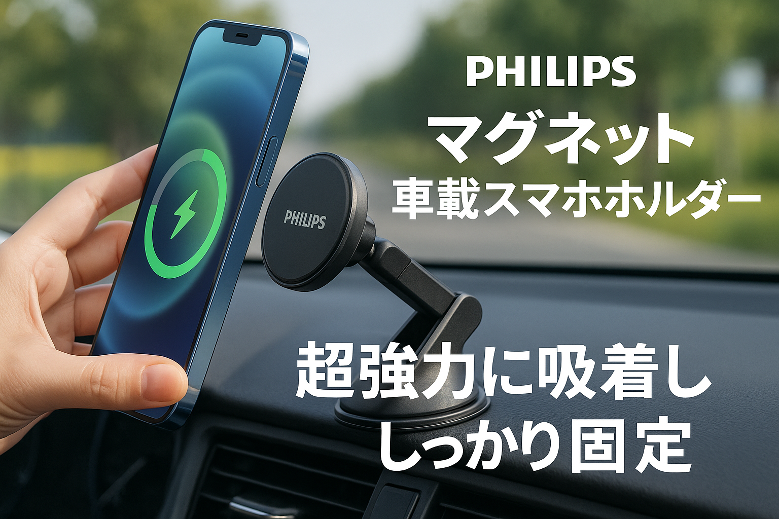 Philips (フィリップス) マグネット車載スマホホルダー magsafeホルダー 超強力吸着 真空吸盤 携帯ホルダー 多角度調整 360°回転な台座 車用ホルダー 折りたたみ式 片手操作 カー用品 全機種対応 DLK4131B