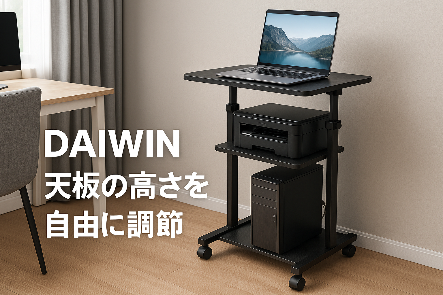 DAIWIN パソコンワゴン pcラック cpuワゴン 昇降式 天板高さ調節可能 幅60×奥行35×高さ71～95cm キャスター付き pc 棚 デスクワゴン パソコン収納 木製 デスクサイドワゴン パソコン 棚 複合機ラック オフィス収納 オフィスワゴン 移動便利 在宅勤務 (ブラック)