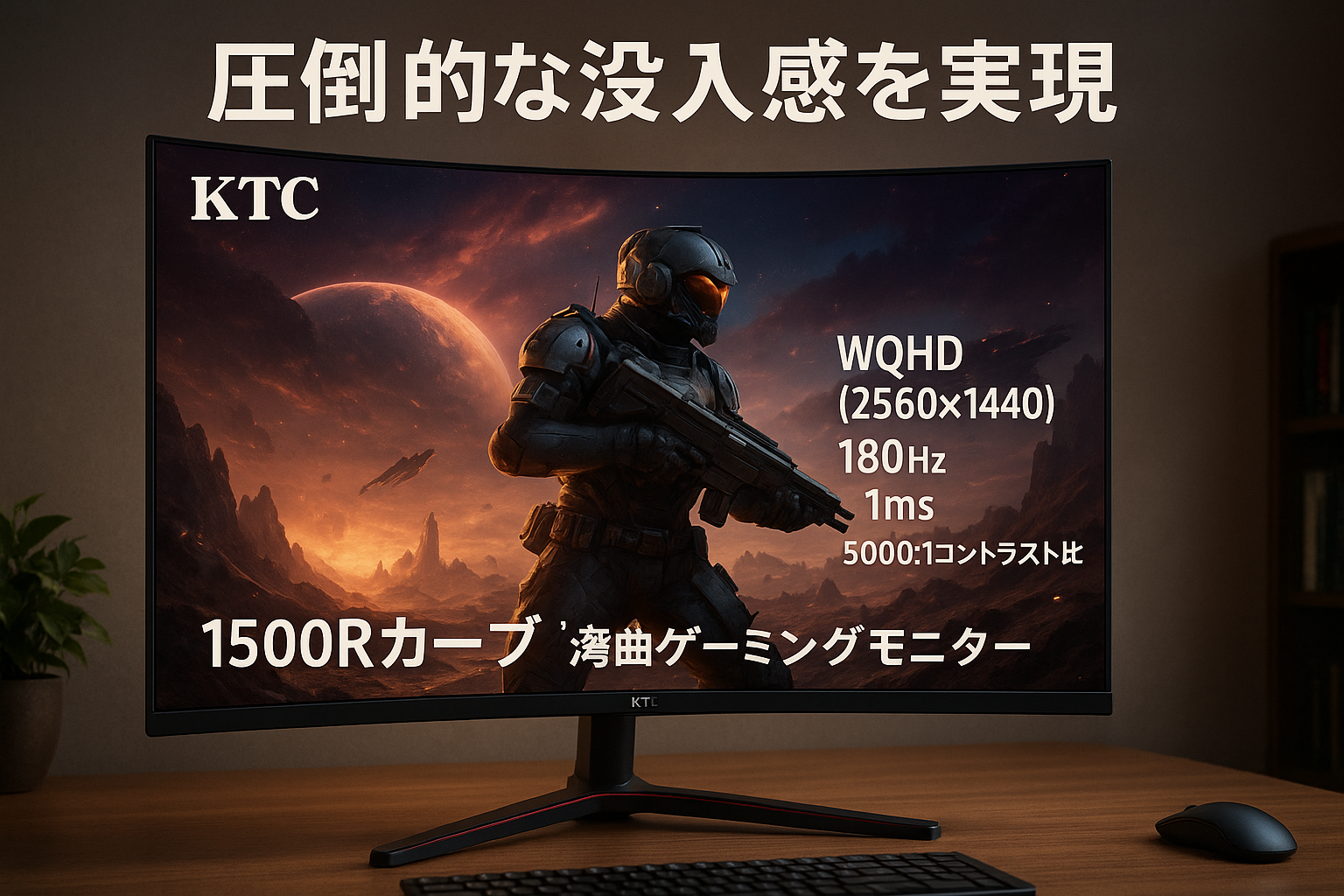 KTC 27インチ 湾曲ゲーミングモニター WQHD (2560x1440) 180Hz 1ms 5000:1コントラスト比 132%sRGB VAパネル FreeSync & G-Sync対応 HDR10 PS5対応 1500Rカーブ HDMI×2 DP×2 H27S17