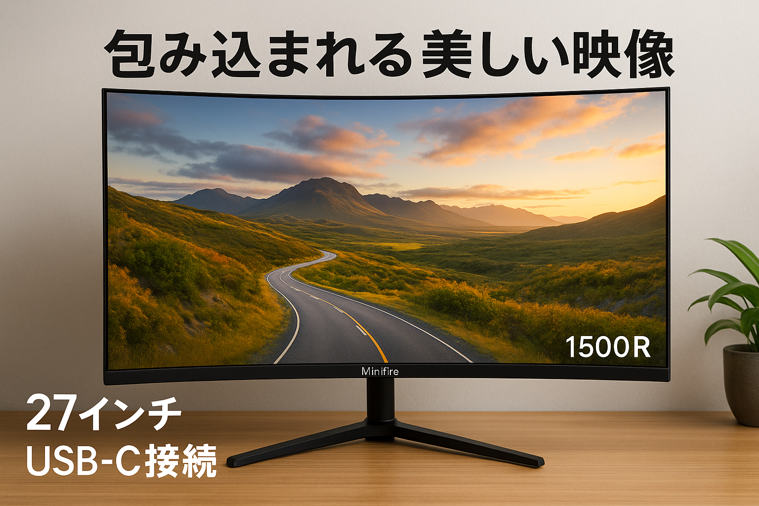 Minifire曲面 モニター27インチ USB-C 100Hz 1500Rの湾曲率 FHD 1920×1080 HDR10 Adaptive Sync sRGB 110% VESA対応 フレームレス Type-C/HDMI スピーカー内蔵(HDMI/USB Type-Cケーブル付き-MF27C1）