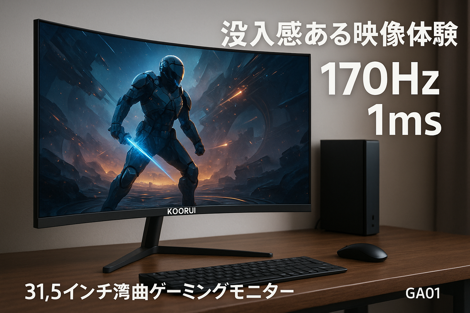 KOORUI 31.5インチ湾曲ゲーミングモニター 170Hz 1ms WQHD 1500R湾曲VAパネル ウルトラワイド/スリム HDMI DisplayPort チルト調整可能 2560x1080 アイケア ブラック GA01