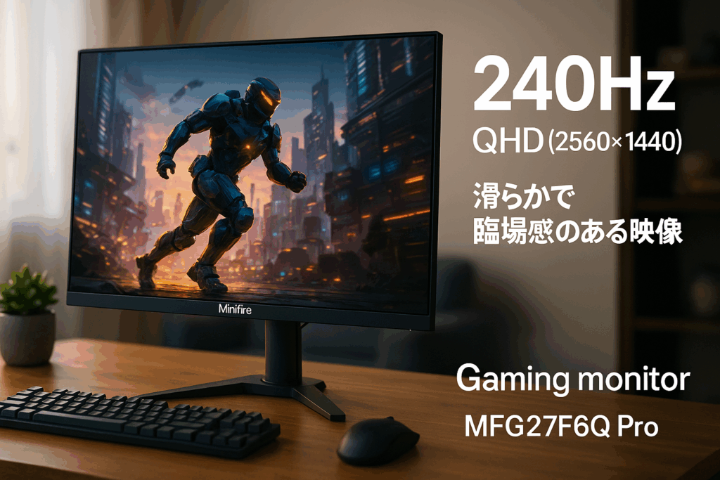 Minifire ゲーミングモニター 27インチ 最大240Hz QHD(2560x1440) 130% sRGB 1MS 1.07B(10bit) IPS 98% DCI-P3 高さ調節可能、スイーベル 320cd/m² HDR10 Adaptive Sync スピーカー内蔵 USB DP1.4 HDMIポート (DP HDMIケーブル付属、MFG27F6Q Pro)