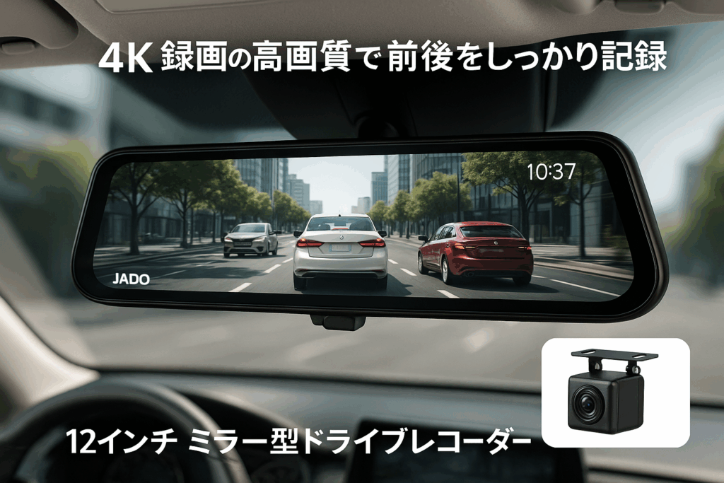 JADOドライブレコーダー ミラー型 4K録画 ドラレコ 後カメラズーム機能 2160P 12インチ 前後カメラ デジタルインナーミラーIMX415センサー Type-C電源ポート 夜間撮影 HDR/WDR搭載 駐車監視タイムラプス 170° 超広角 上下画像+左右画像逆転可能 デフォルトの表示モード設定可能 64G メモリーカード付き 地デジTVノイズ対策済 LED信号機対応 G850+