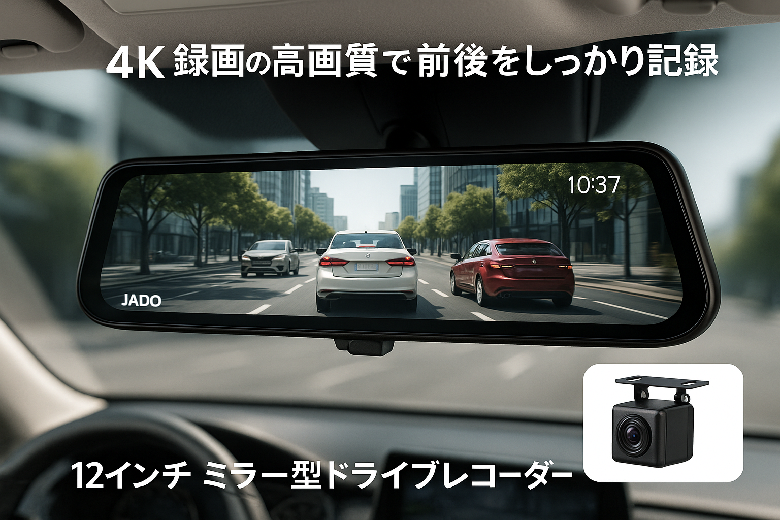 JADOドライブレコーダー ミラー型 4K録画 ドラレコ 後カメラズーム機能 2160P 12インチ 前後カメラ デジタルインナーミラーIMX415センサー Type-C電源ポート 夜間撮影 HDR/WDR搭載 駐車監視タイムラプス 170° 超広角 上下画像+左右画像逆転可能 デフォルトの表示モード設定可能 64G メモリーカード付き 地デジTVノイズ対策済 LED信号機対応 G850+