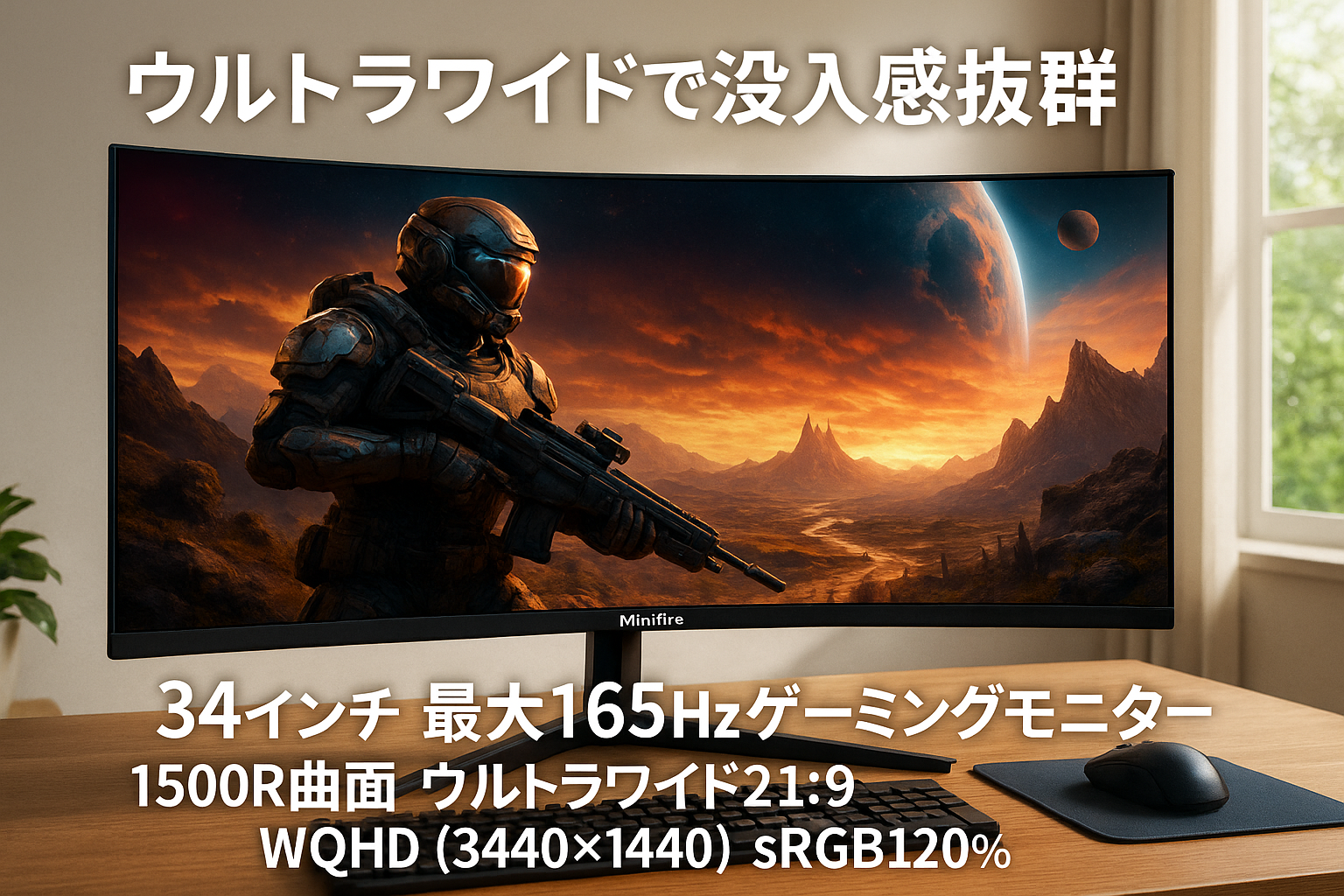 Minifire 34インチ最大165Hzゲーミングモニター 1500R曲面 ウルトラワイド21:9 WQHD（3440x1440）sRGB120% 輝度300cd/㎡ DP1.4/HDMI2.0対応 家用 ビジネス