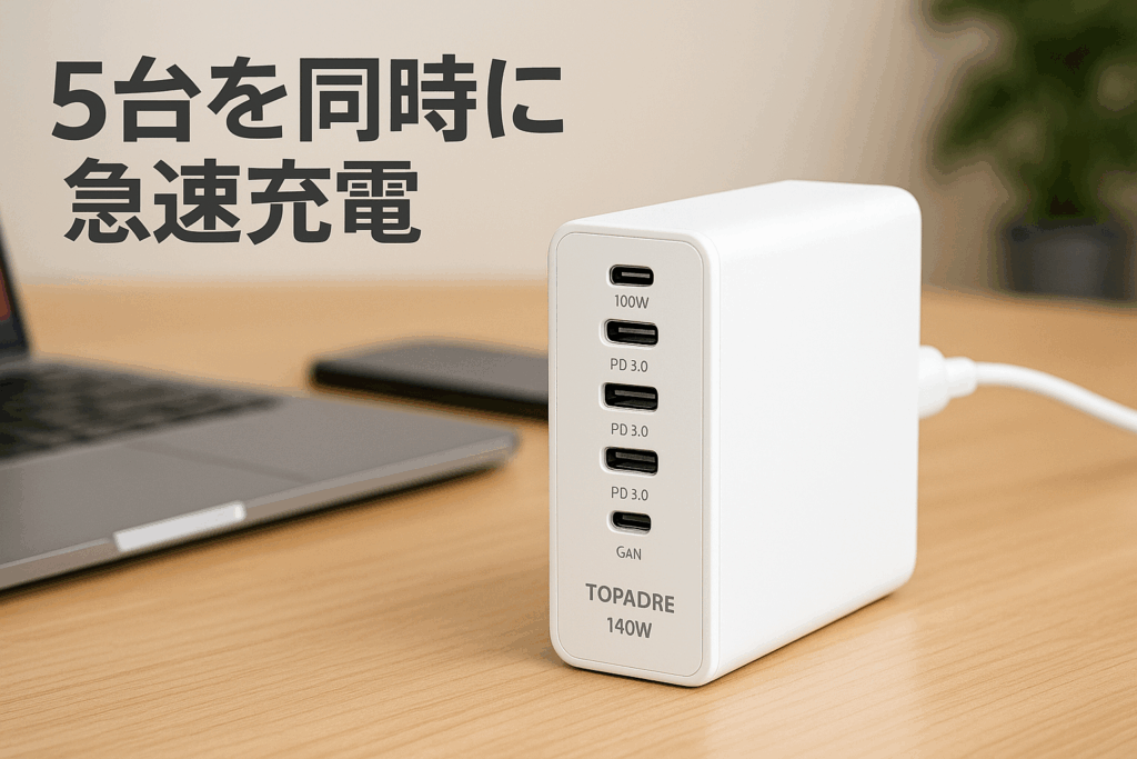 TOPADRE 充電器 140W タイプc PD 充電器 100W 単ポート USB充電器 5ポート GaN採用 PD3.0 QC4+ 対応 ノートパソコン高速充電ステーション 急速充電器 MacBook、iPhone、Samsung S23/22/21/Androidその他対応 白色