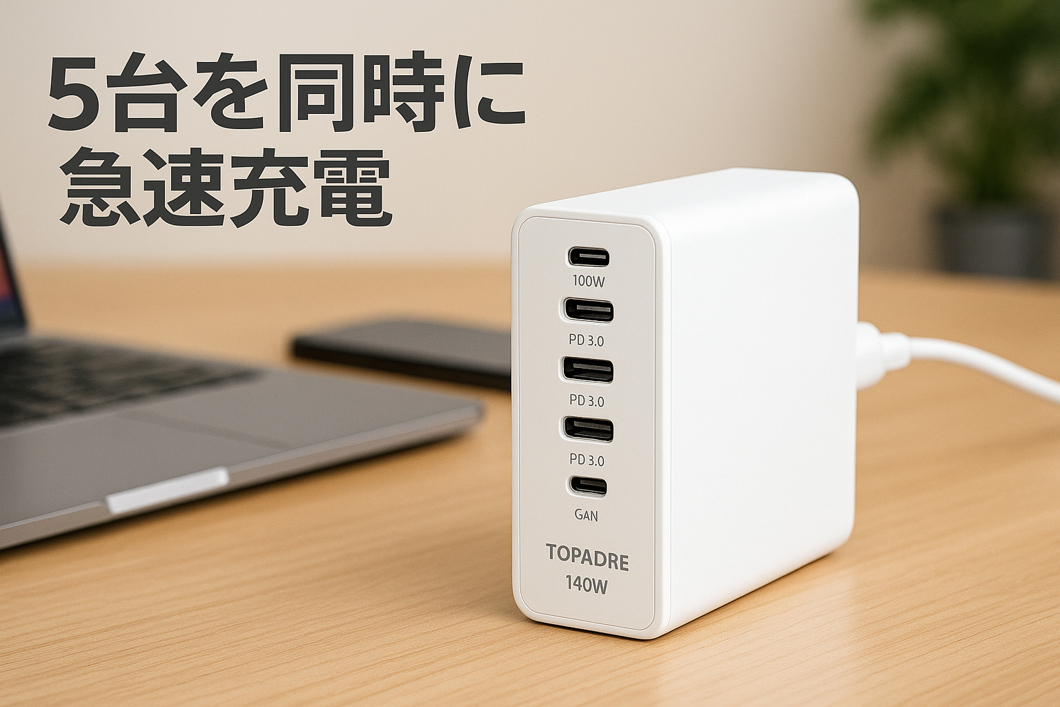 TOPADRE 充電器 140Ｗ タイプc PD 充電器 100W 単ポート USB充電器 5ポート GaN採用 PD3.0 QC4+ 対応 ノートパソコン高速充電ステーション 急速充電器 MacBook、iPhone、Samsung S23/22/21/Androidその他対応 白色