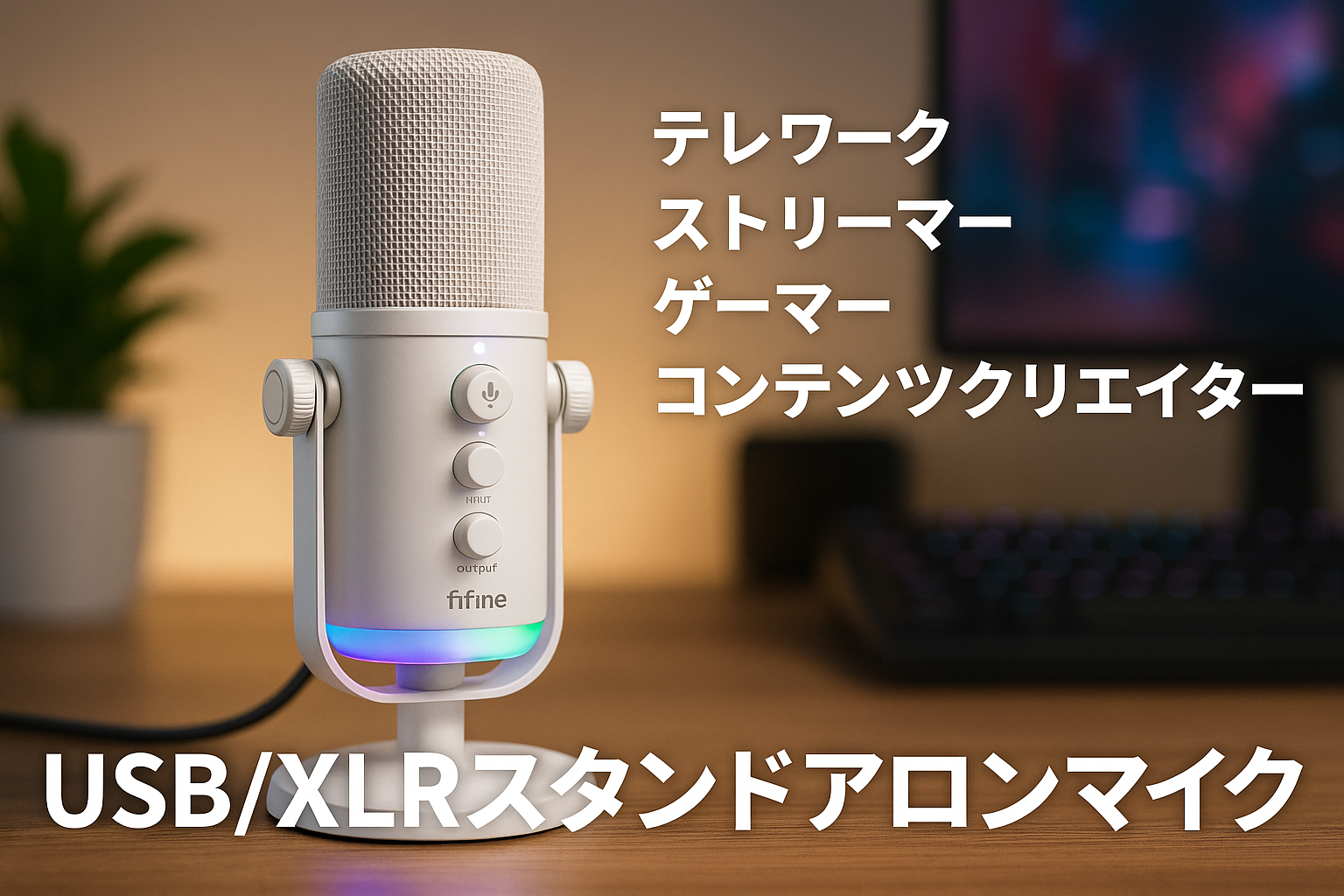 FIFINE USB/XLRスタンドアロンマイク テレワーク ストリーマー ゲーマー コンテンツクリエイター向け 単一指向性 ダイナミックマイク PC/PS4/PS5/サウンドカード/ミキサー/オーディオインターフェース対応可能 ミュートボタン RGBイルミネーションスイッチ 入力/出力音量調節 ヘッドフォン端子付き 白 AmpliGame AM8W