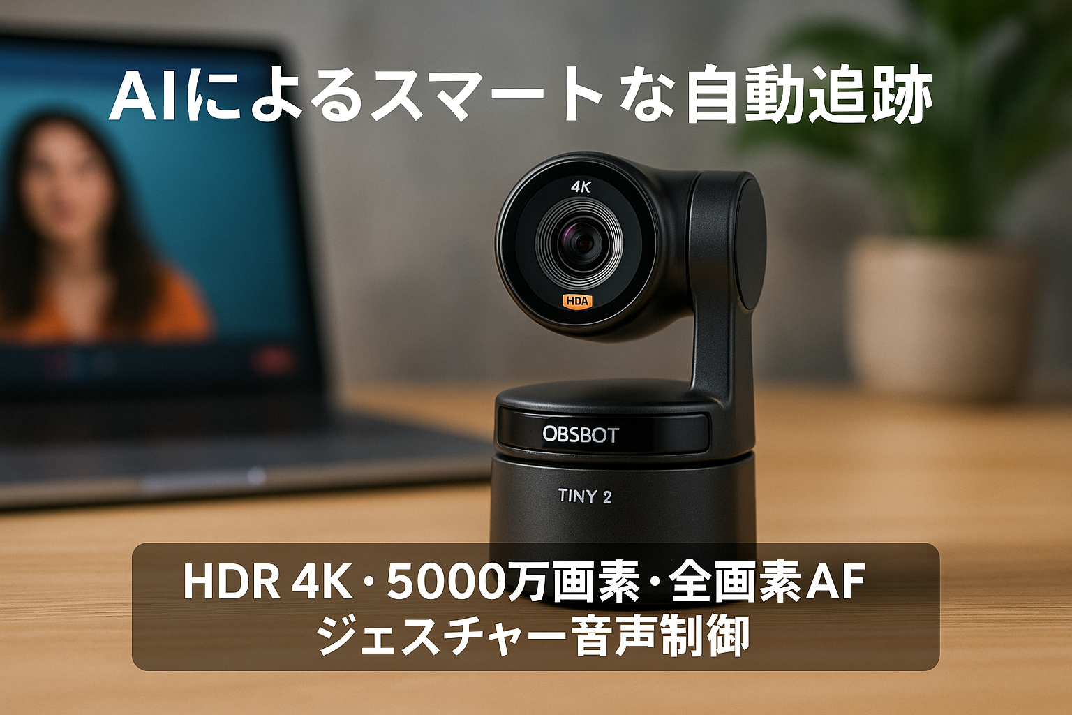OBSBOT TINY 2 webカメラ AI自動追跡 ウェブカメラ HDR 4K 5000万画素 全画素AF ジェスチャー 音声制御 ノイキャンマイク 会議 ライブ配信 ビデオ通話 PC Mac Windows