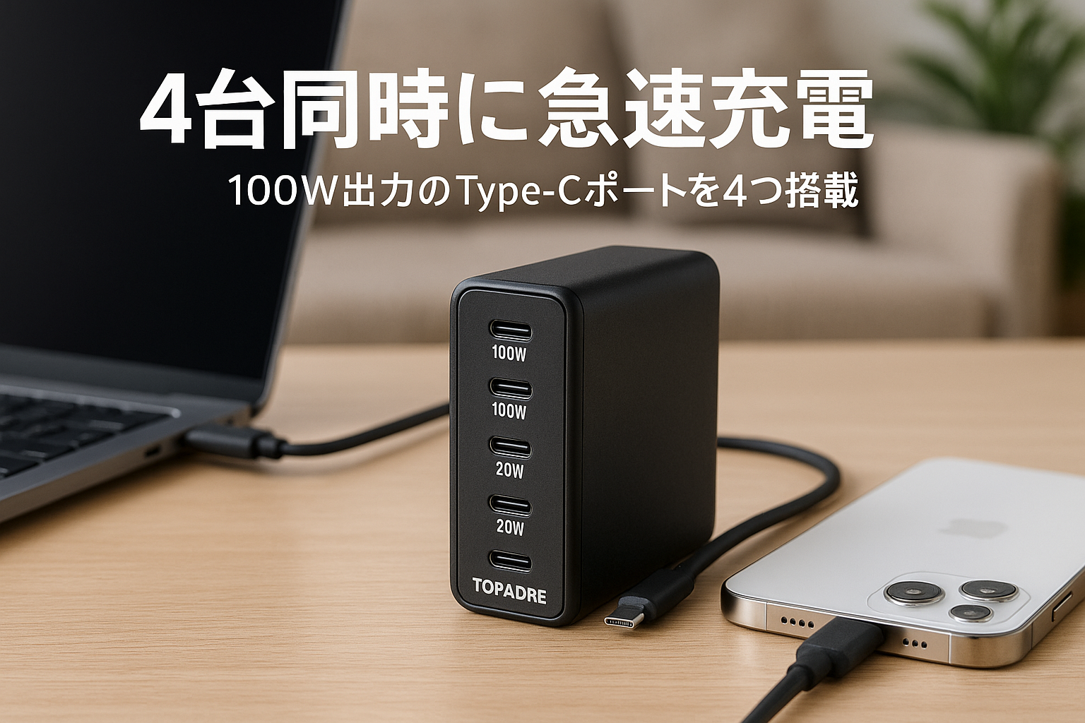 TOPADRE PD 100w 充電器 Type-C 4ポート USB充電器 100W急速充電 【GaN技術/PSE技術基準適合/PD3.0/QC4.0/PPS】 4台同時充電対応 MacBook/iPad/Windows ノートPC/iPhone/Android/Galaxy S24などデバイス対応