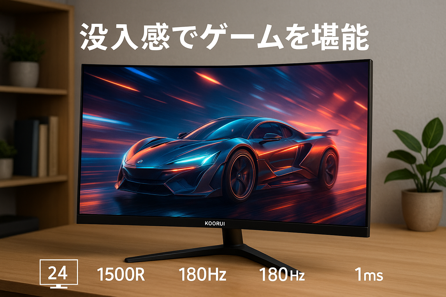 KOORUI ゲーミングモニター 湾曲 モニター 24インチ 180Hz 1ms ディスプレイ PCモニター フルHD/1500R/Adpitive sync(G-SYN互換)/DPx1/HDMIx2/VESA/傾き調節/スピーカー非搭載 24E6CA