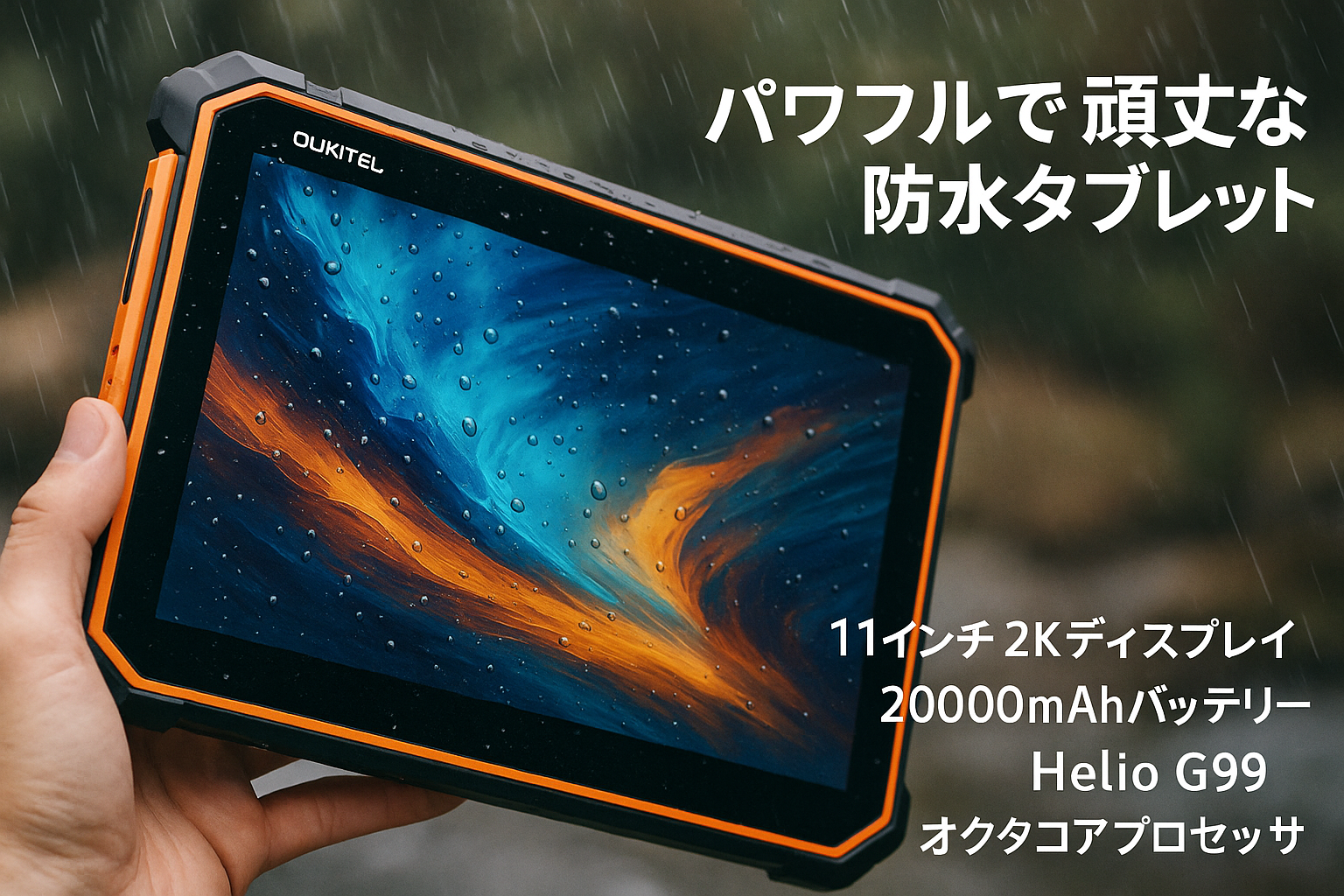 OUKITEL RT8 防水タブレット 20000mAhバッテリー+33W PD急速充電、Helio G99 8コアプロセッサ 2.2 GHz、32MP+48MP高精細カメラ+12GB RAM(6+6RAM 拡張) + 256GB ROM + 1TB拡張、11 インチ 2K HD ディスプレイ、顔認識+デュアル SIM 4G+GPS+NFC+OTG+防水 防塵 耐衝撃+風呂タブレット（オレンジ）