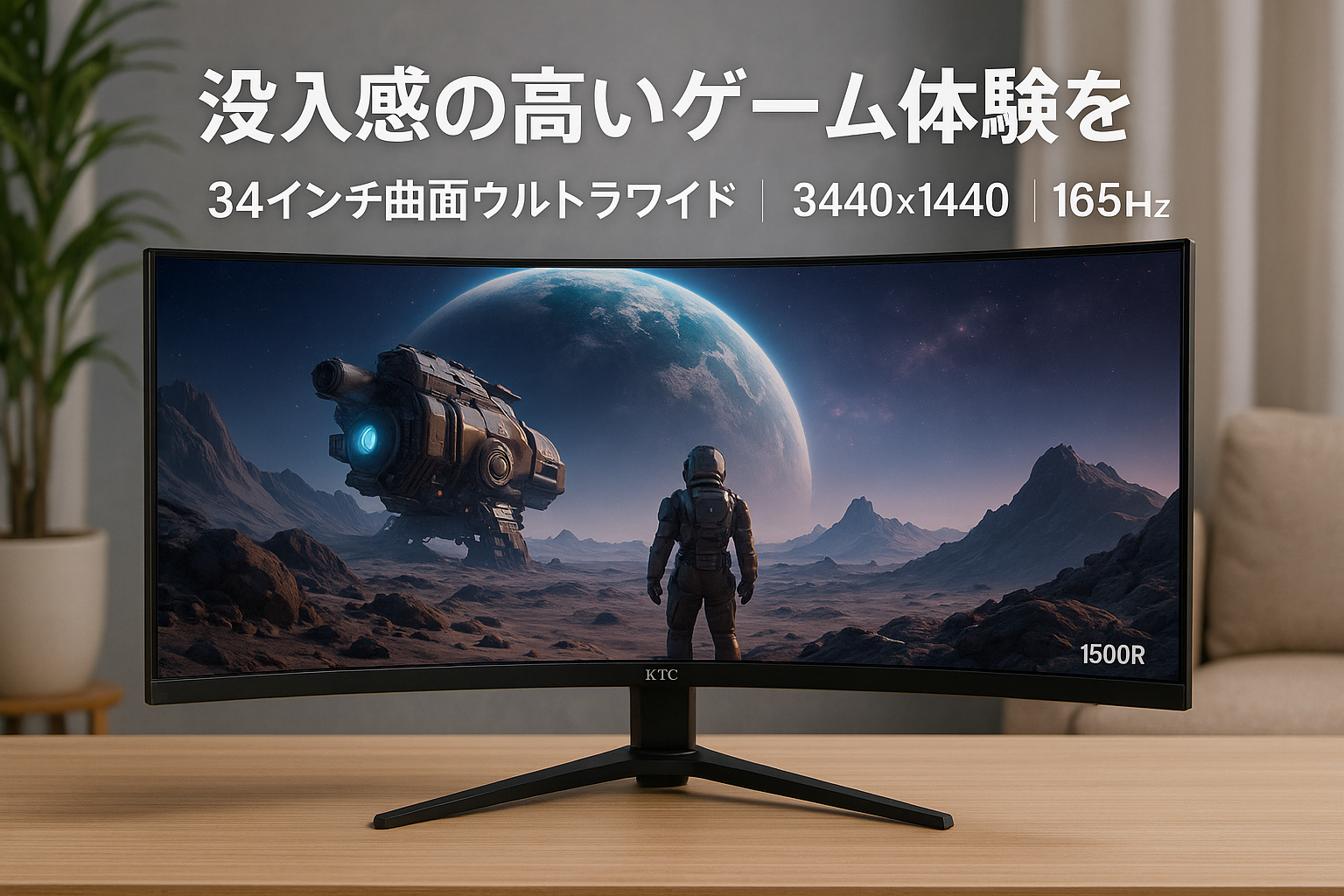 KTC 34インチゲーミングモニター 曲面ウルトラワイド 3440x1440p 165Hz 1ms応答速度 HVA 1500R 123% sRGB 4000:1コントラスト比 高さ調整 チルト スウィベル ピボット機能搭載 HDMI×2、DP×2、USB×1 FreeSync/G-Sync対応、分屏機能、三年保証で安心 H34S18S