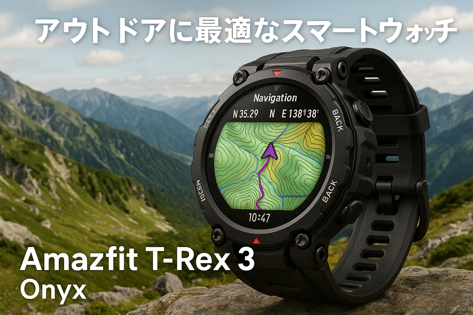 Amazfit T-Rex 3 48mm スマートウォッチ 登山 ヤマレコ ヤマップ アウトドア iPhone Android対応 GPS 6衛星 ミリタリー 超低温動作 3種類オフラインマップ ナビゲーション ルートインポート 170＋スポーツモード 健康管理 気圧高度計 筋力トレーニング 10ATM防水 AIによる音声操作と睡眠/運動管理 水泳 サーフィン (オニキス)