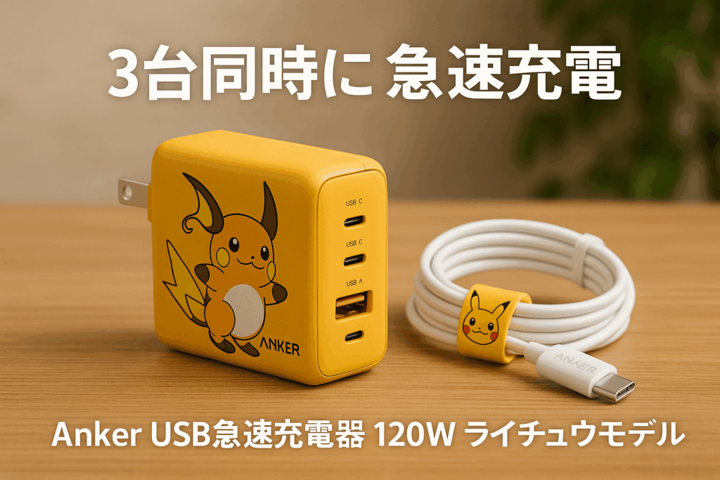Anker USB急速充電器 120W ライチュウモデル (USB PD 充電器 USB-A & USB-C 3ポート)【独自技術Anker GaNPrime採用 / PowerIQ 4.0 搭載/ PSE技術基準適合 / 折りたたみ式プラグ】MacBook PD対応Windows PC iPad iPhone Galaxy Android スマートフォン ノートPC 各種 その他機器対応 USB-C & USB-C ケーブル同梱 ポケモンケーブルバンド ポケモンデザイン
