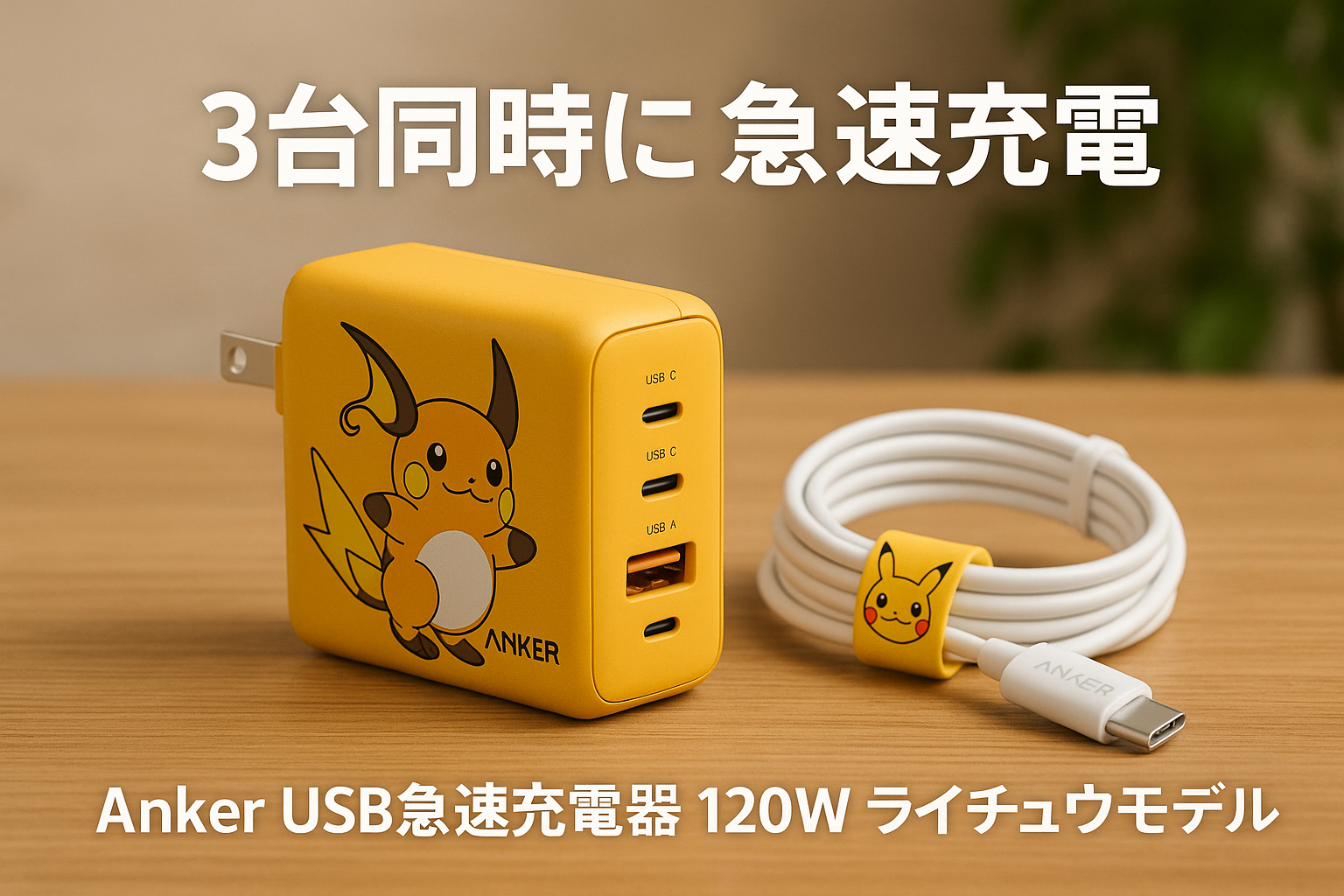 Anker USB急速充電器 120W ライチュウモデル (USB PD 充電器 USB-A & USB-C 3ポート)【独自技術Anker GaNPrime採用 / PowerIQ 4.0 搭載/ PSE技術基準適合 / 折りたたみ式プラグ】MacBook PD対応Windows PC iPad iPhone Galaxy Android スマートフォン ノートPC 各種 その他機器対応 USB-C & USB-C ケーブル同梱 ポケモンケーブルバンド ポケモンデザイン