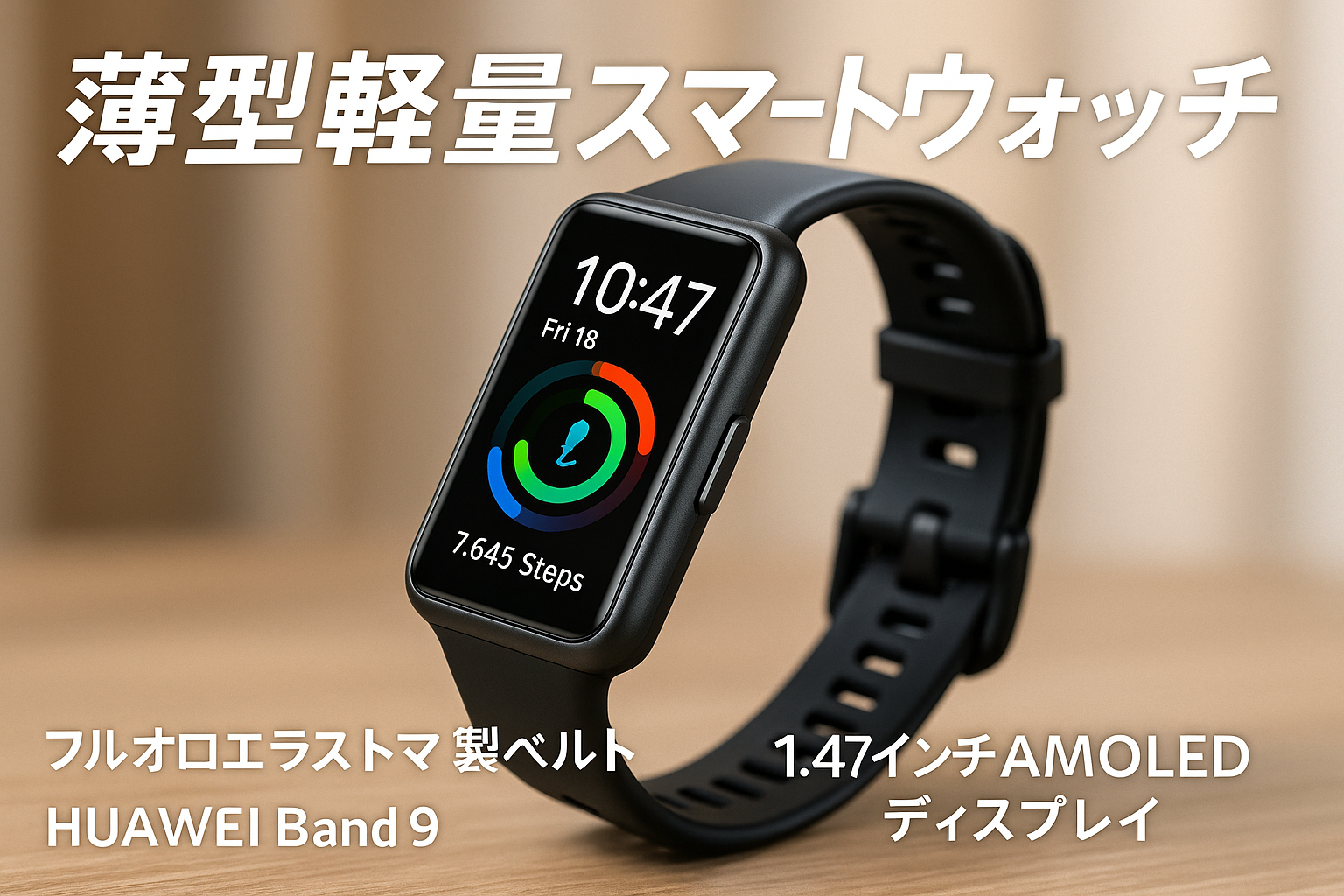 HUAWEI Band 9 スマートウォッチ フルオロエラストマー素材ベルト 高精度健康モニタリング 自動輝度調整 1.47インチAMOLEDディスプレイ 超狭ベゼル 薄型軽量 9軸センサー 睡眠中呼吸乱れ検知 急速充電 最長2週間持続バッテリー バンド交換可能 各種通知機能 100種類のワークアウトモード iOS/Android対応 ブラック