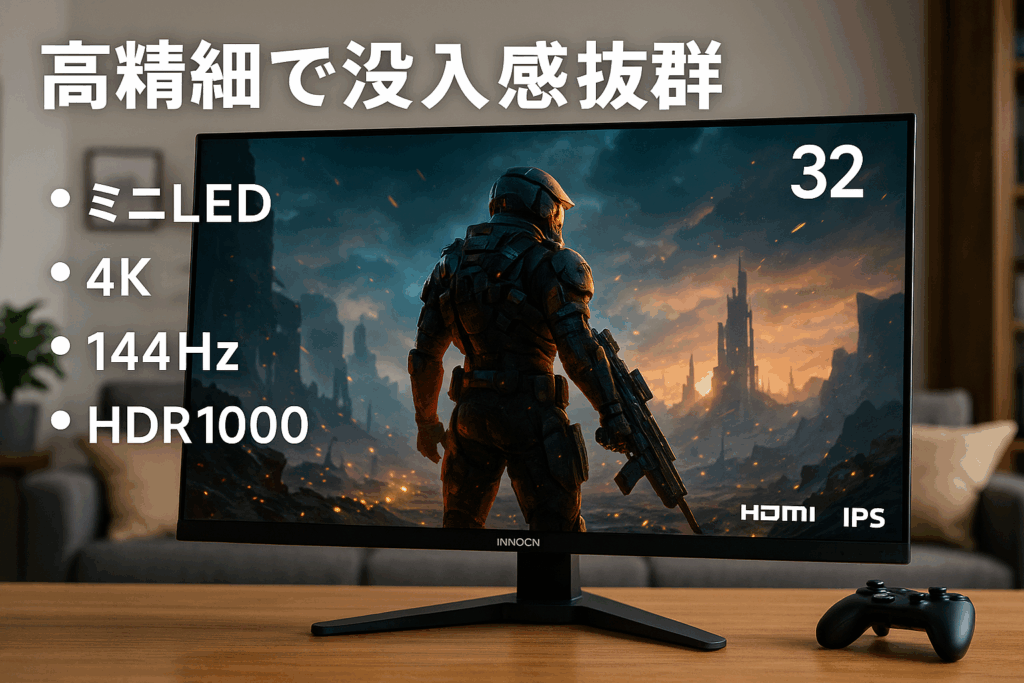 INNOCN ミニLED 4K ゲーミング モニター 32インチ 1ms HDR1000 MiniLED QD 量子ドット HDMI2.1 最大輝度800+Nits 144Hz対応 ディスプレイ UHD PC monitor 動画編集 デザイン モニター IPS非光沢 スピーカー付き ゲーム 家庭用 ビジネス 32M2V