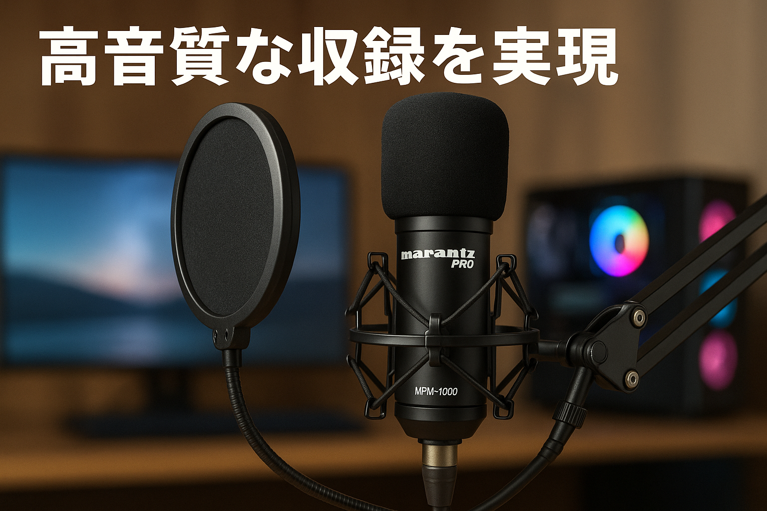 Marantz マランツプロ コンデンサーマイク、ゲーミング、配信、録音、単一指向性、ショックマウント、ウインドスクリーン、マイクスタンド、XLRケーブル付属 48Vファンタム電源 MPM-1000