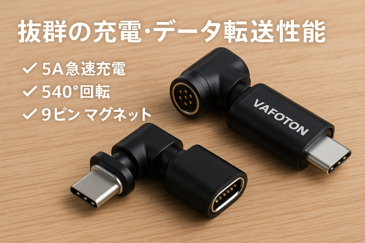 VAFOTON 240W対応 9Pin マグネット USB-C 変換アダプタ 540°回転 Type-C 変換アダプタ 5A超急速充電 データ転送可 Book/Pro/phone/Android等対応 磁石 磁気 防塵 着脱式（2個セット・ブラック）