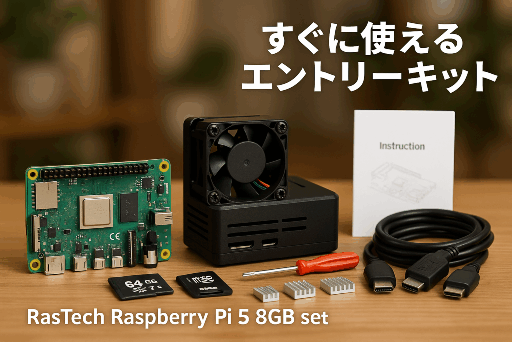 RasTech Raspberry Pi 5 8GB セット Raspberry Pi 5 8gb 本体/ 64 GB メモリカード/ 5.1V 5A Type C電源/ 2 Micro HD OUT ケーブル/ 4じゅんどう製ラジエータ/ USBメモリカードリーダ/ABSハウジング/インテリジェント調速ファン/スクリュードライバ/説明書/エントリーキット