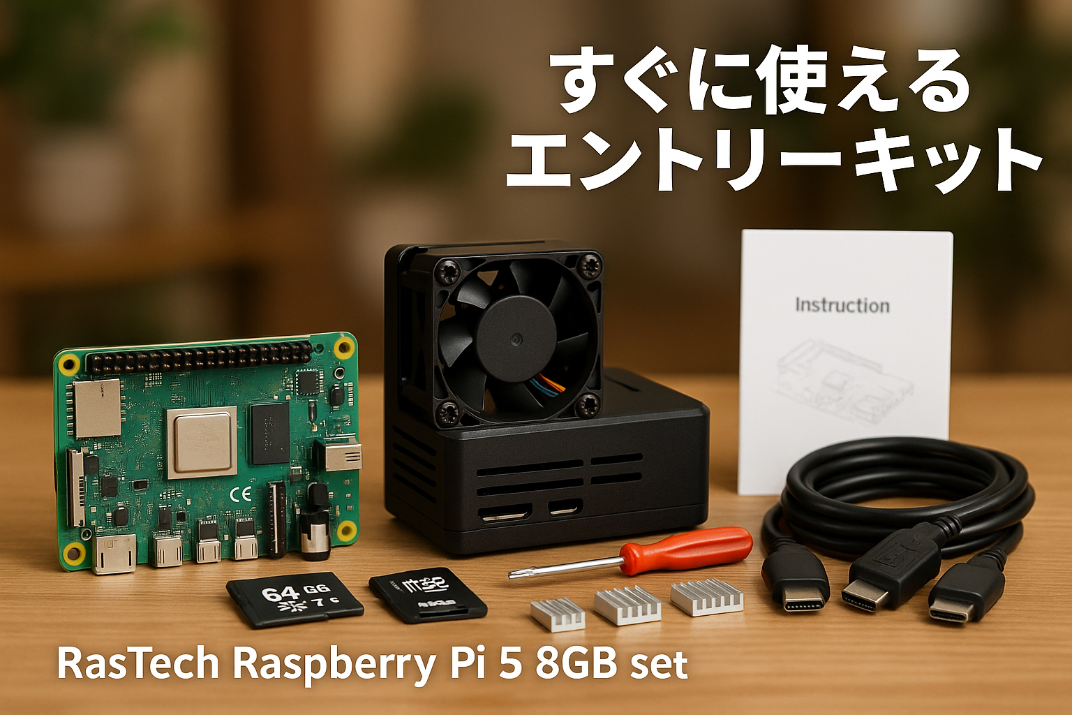 RasTech Raspberry Pi 5 8GB セット Raspberry Pi 5 8gb 本体/ 64 GB メモリカード/ 5.1V 5A Type C電源/ 2 Micro HD OUT ケーブル/ 4じゅんどう製ラジエータ/ USBメモリカードリーダ/ABSハウジング/インテリジェント調速ファン/スクリュードライバ/説明書/エントリーキット