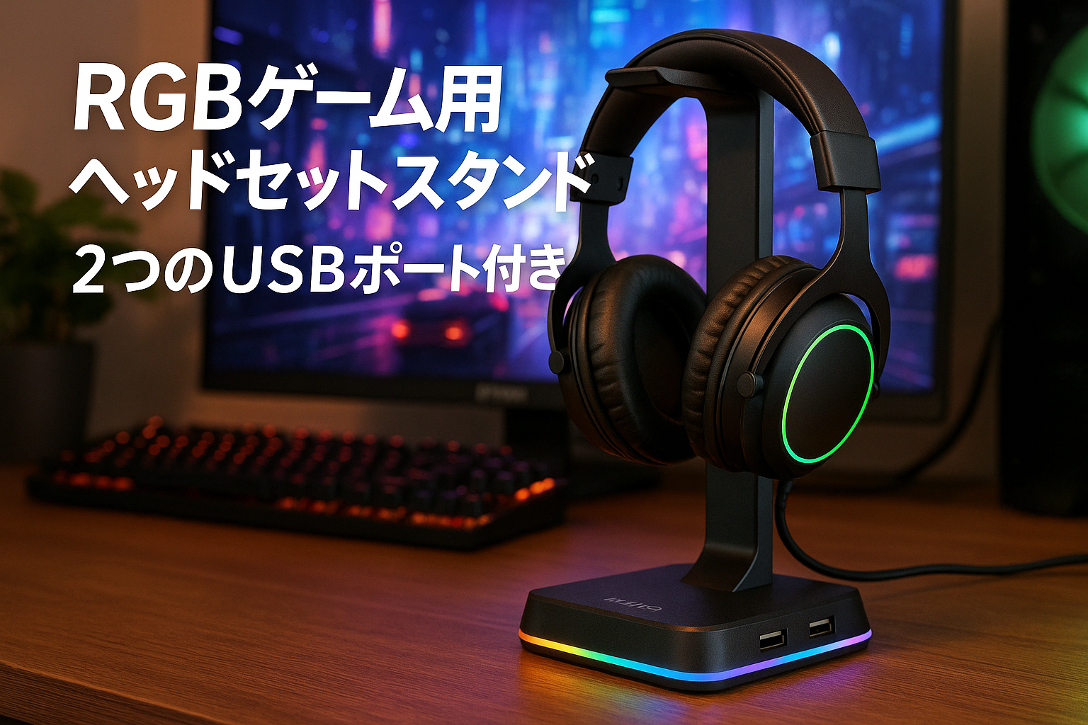 IFYOO RGBゲーム用ヘッドセットスタンド 2つのUSBポート付き ゲームヘッドフォンマウント PC Xbox One PS4 スイッチ イヤホンホルダーハンガー headphone headset stand ハンガー、ファンシーゲームアクセサリー用