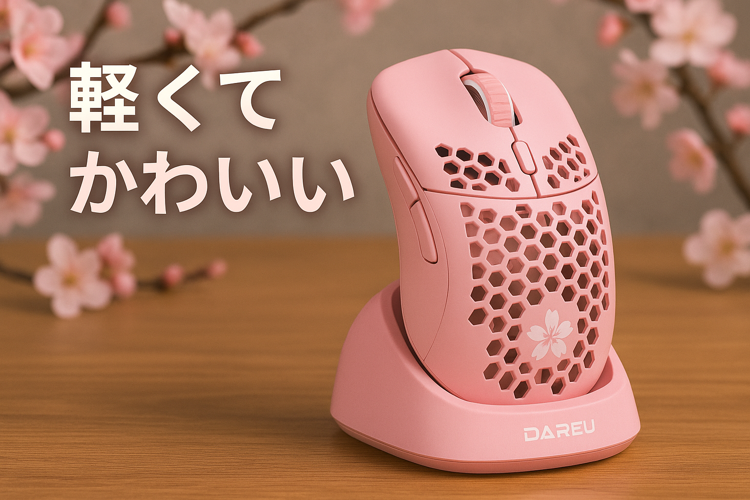 DAREU ゲーミングマウス 無線 桜色/ピンク ワイヤレス2.4G/有線USB接続可能 超軽量85g 人間工学 可愛いサクラ 12000DPI 充電ドック付き プログラム可能 EM901X【1年間メーカー保証】