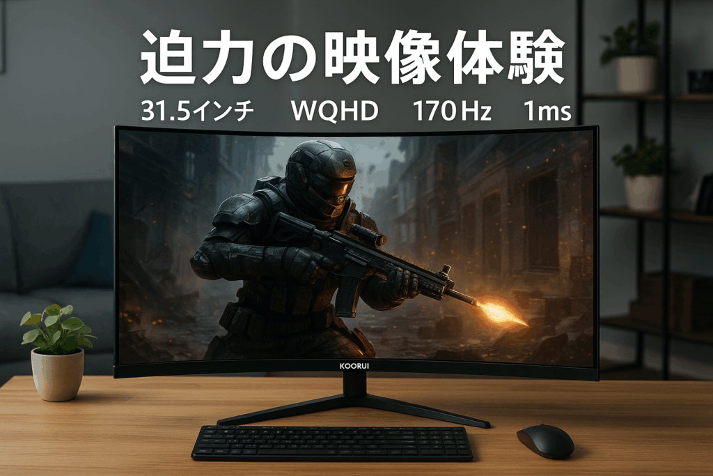 KOORUI 31.5インチ湾曲ゲーミングモニター 170Hz 1ms WQHD 1500R湾曲ディスプレイ pcモニター HDMI DisplayPort 傾き調整 アイケア 32E6QC