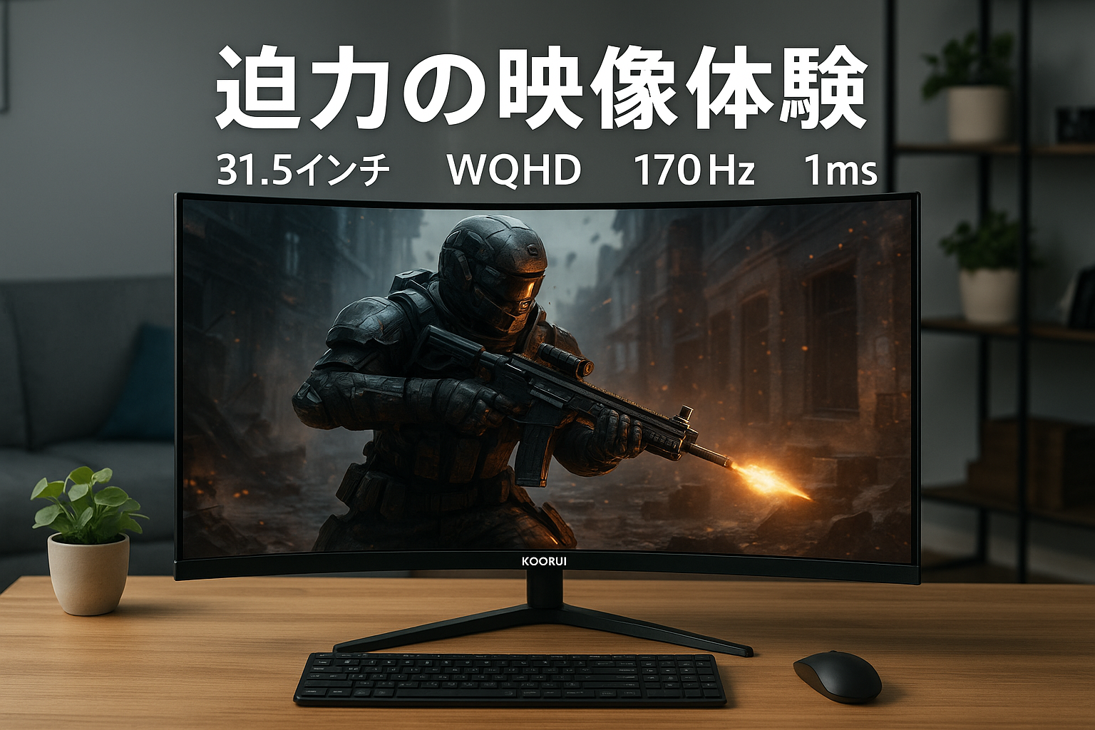 KOORUI 31.5インチ湾曲ゲーミングモニター 170Hz 1ms WQHD 1500R湾曲ディスプレイ pcモニター HDMI DisplayPort 傾き調整 アイケア 32E6QC