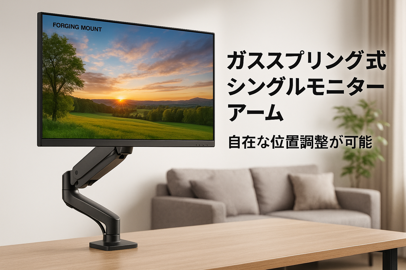 FORGING MOUNT モニターアーム ガス式シングルアーム 13~32インチ（2~9kg）対応ディスプレイアーム ガス圧 VESA75*75/100*100 グロメット式＆クランプ式 多角度調節 ケーブル収納