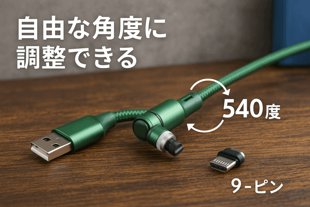 Eight Place マグネット充電ケーブル 9ピン【1本】 540度(360度+180度)回転 急速充電 【PD-60W対応/20V/3A】データ通信 QC3.0 Type-C Micro USB 磁石 磁気 着脱式 (1M, グリーン)