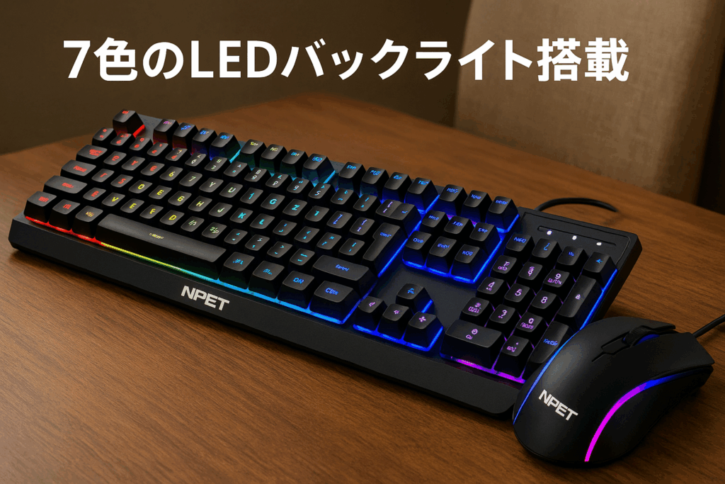 NPET キーボード マウス セット ゲーミング LED バックライト 7色 usb 26キー防衝突角度調節可能 ゲーミングキーボード 日本語配列 4階段DPI 1000/1,600/3,200/6,400 ゲーミングマウス 日本語説明書 キーキャッププーラー付き S20