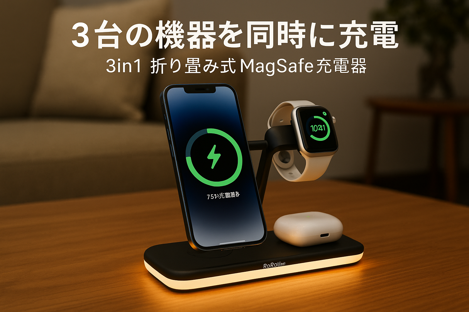 RoRoSkin ワイヤレス充電器 3in1 折り畳み式 Mag Safe充電器 マグセーフ充電器 角度調整可能 雰囲気ライト付き Phone/iWatch/ワイヤレスイヤホンに対応 3台同時充電 旅行用 自宅用 携帯充電器 iWatch iPhone 16/15/14/13/12 Pro Max Miniに対応
