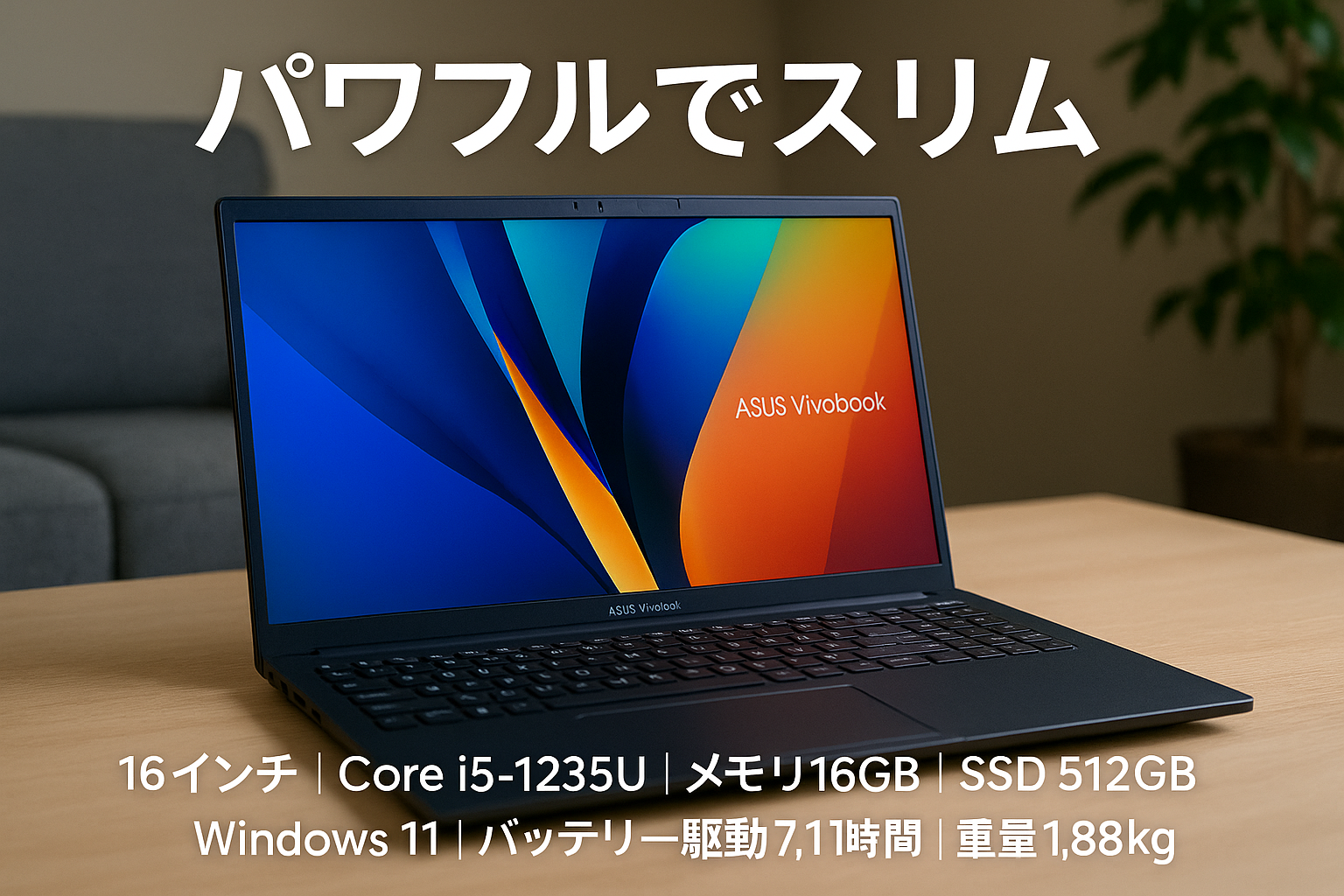 ASUS ノートパソコン Vivobook 16 X1605VA 16インチ 第12世代 Core i5-1235U メモリ16GB SSD512GB Windows11 バッテリー駆動7.1時間 重量1.88kg インディーブラック X1605ZA-MB429WというAmazonの商品をレビューする為の画像をWeb検索なしでキャッチコピーを入れて必ず「1536×1024」のサイズで生成してください(中国語の使用禁止)。
