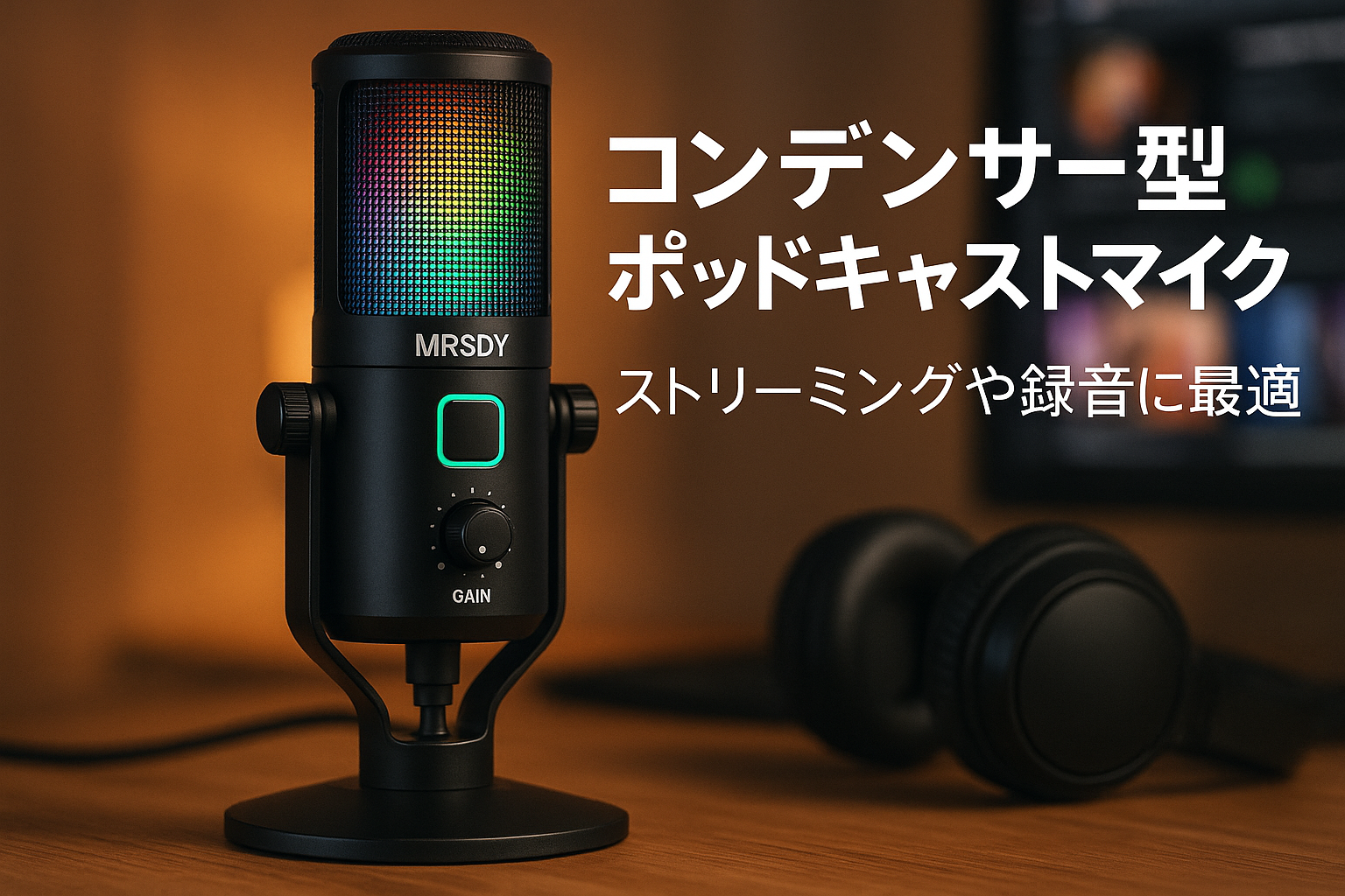 MRSDY ゲーム用マイク PC Mac PS4/5用 USB コンピューターマイク スタジオ録音 YouTube ストリーミング用のコンデンサー型ポッドキャストマイク ヘッドフォンジャック RGB ミュート ゲイン ノイズキャンセリング機能付き