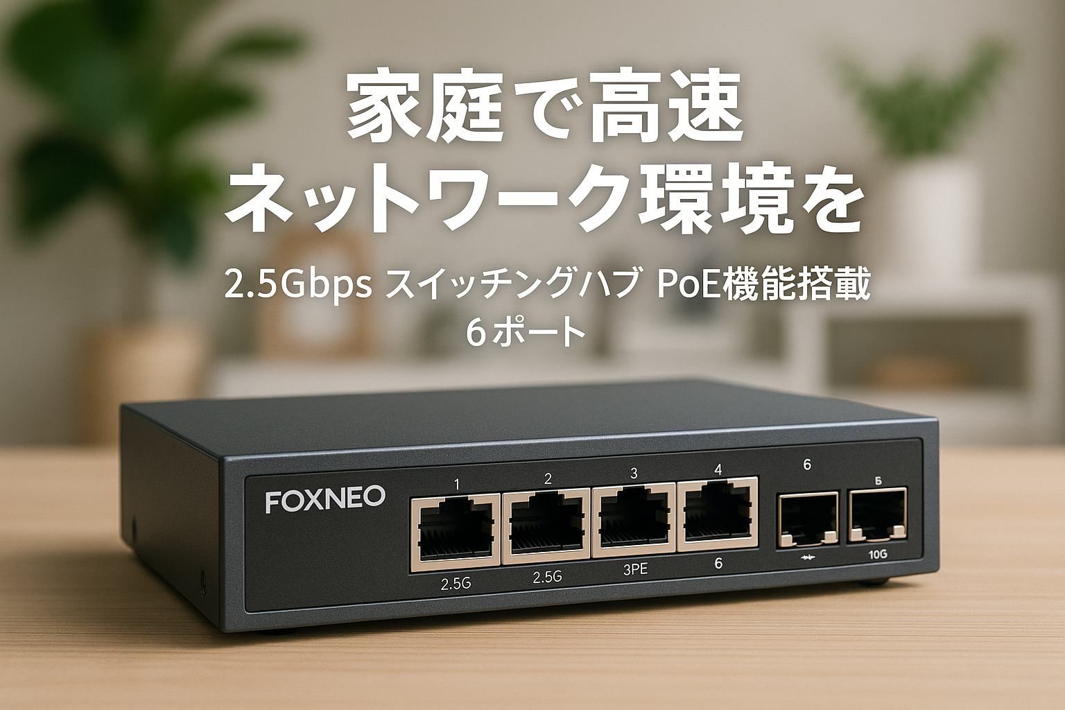 FOXNEO 2.5gbps スイッチングハブ PoE機能搭載 6ポート（4x2.5G RJ45(PoE)と2x10G SFP+）各ポート最大30W 総合75W対応 個人や家庭向けのスイッチングハブ 静音ファンレス設計 デスクトップや壁掛け設置可能 金属筐体 プラグアンドプレイ アンマネージド スイッチングハブ