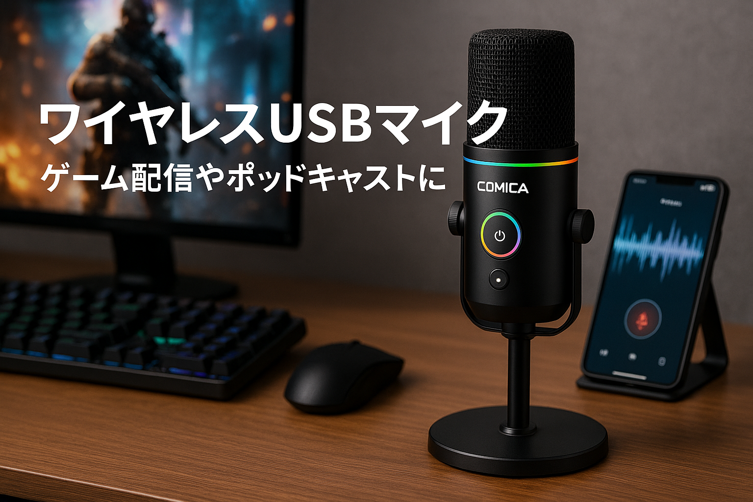 Comica ワイヤレス USB マイク コンピューターとスマートフォン用, 48kHz/24bit RGB カーディオイド コンデンサー ゲーミング マイク ポッドキャスティング、ストリーミング、録音、音楽制作用,デスクトップ スタンド付き、ブラック (Uni Pro D)