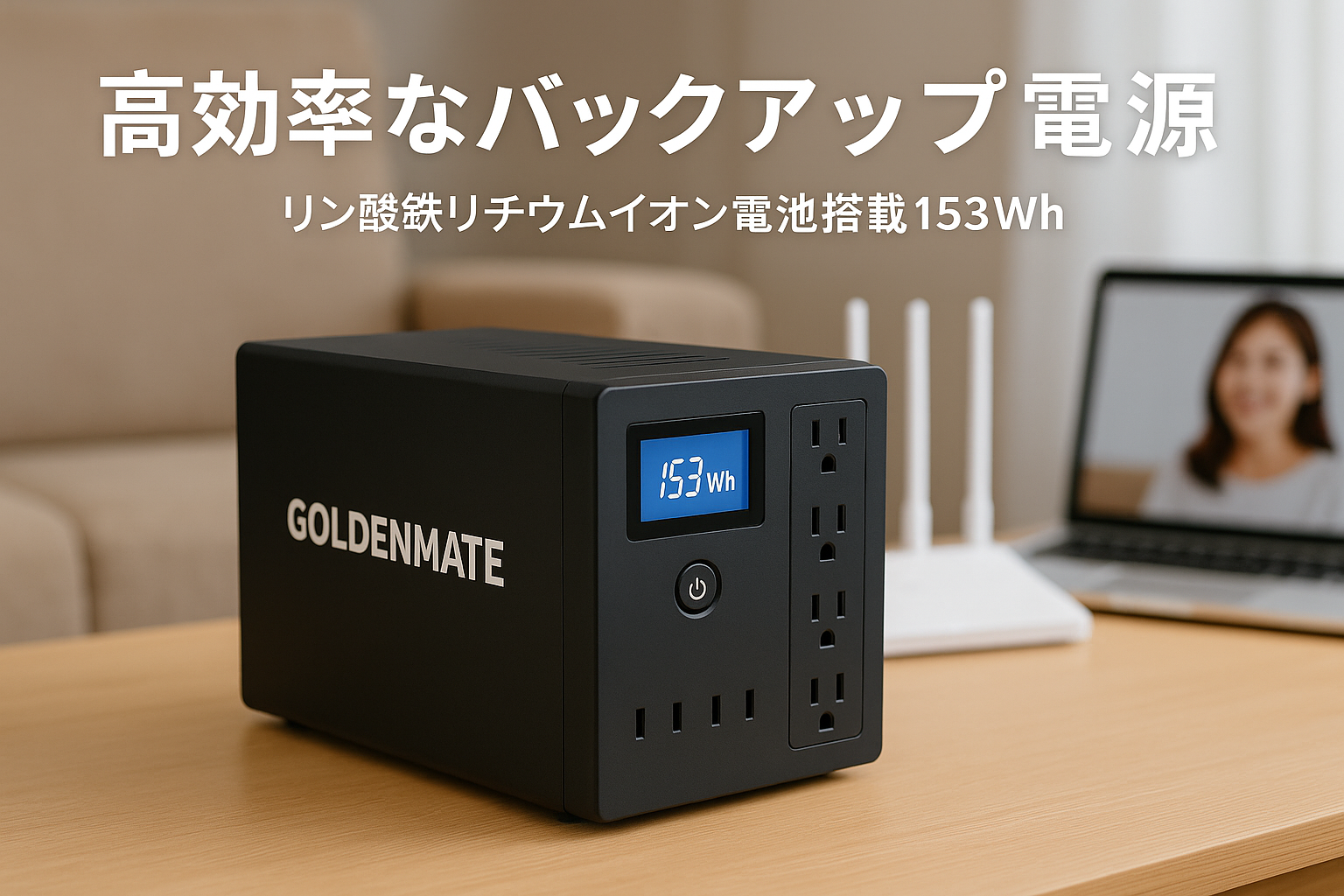GOLDENMATE 無停電電源装置 UPS 1000VA Pro/600W リン酸鉄リチウムイオン電池採用 153Wh 常時商用給電 正弦波 ネットワーク機器 通信システム ホームオフィス 家庭用の高効率バックアップ電源 8ポート ブラック