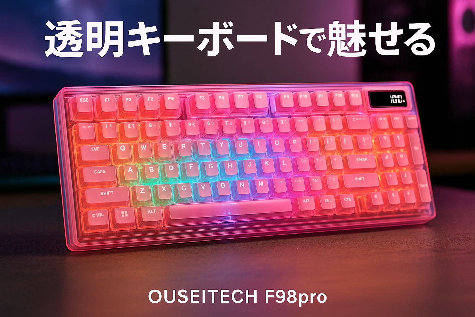 OUSEITECH F98pro ゲーミングキーボード 透明キーボード ホットスワップメカニカルキーボード テンキーキーボード ワイヤレス ピンク 透明キーキャップ RGBバックライト 95キー Android/OS/Mac/Windows対応 BT5.0/2.4G/USB-C OLED搭載 (PINK リニア軸)