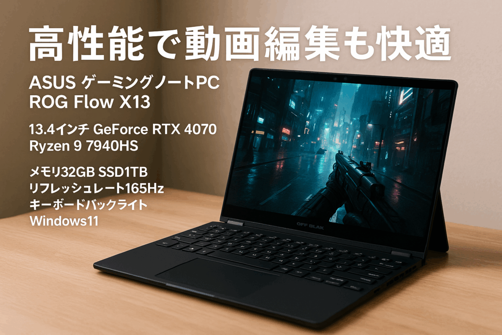 ASUS ゲーミングノートPC ROG Flow X13 13.4インチ GeForce RTX 4070 Ryzen 9 7940HS メモリ32GB SSD1TB リフレッシュレート165Hz キーボードバックライト Windows11 動画編集 オフブラック GV302XI-R9R4070