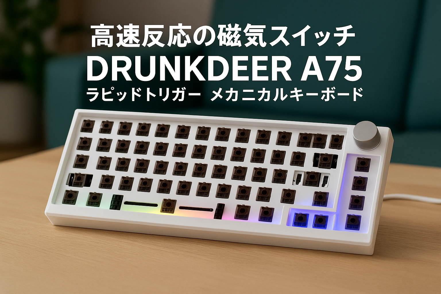 DrunkDeer A75 ラピッドトリガー メカニカルキーボード TKL ゲーム用 高速反応 磁気スイッチ RGB 有線 USB コンパクト 82キー ノブ付き ホワイト ベアボーン キーキャップなし