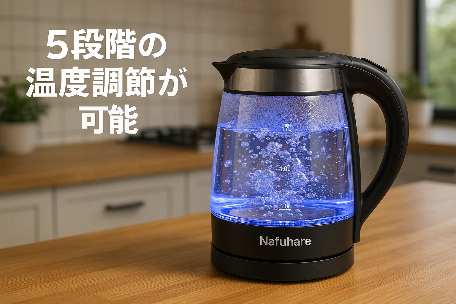 Nafuhare 電気ケトル 電気ポート ガラス 1.7L 1200W 【5色LEDライト付】 5段階温度調節 保温機能 空だき防止 自動電源オフ 大容量 光るケトル 湯沸かしケトル