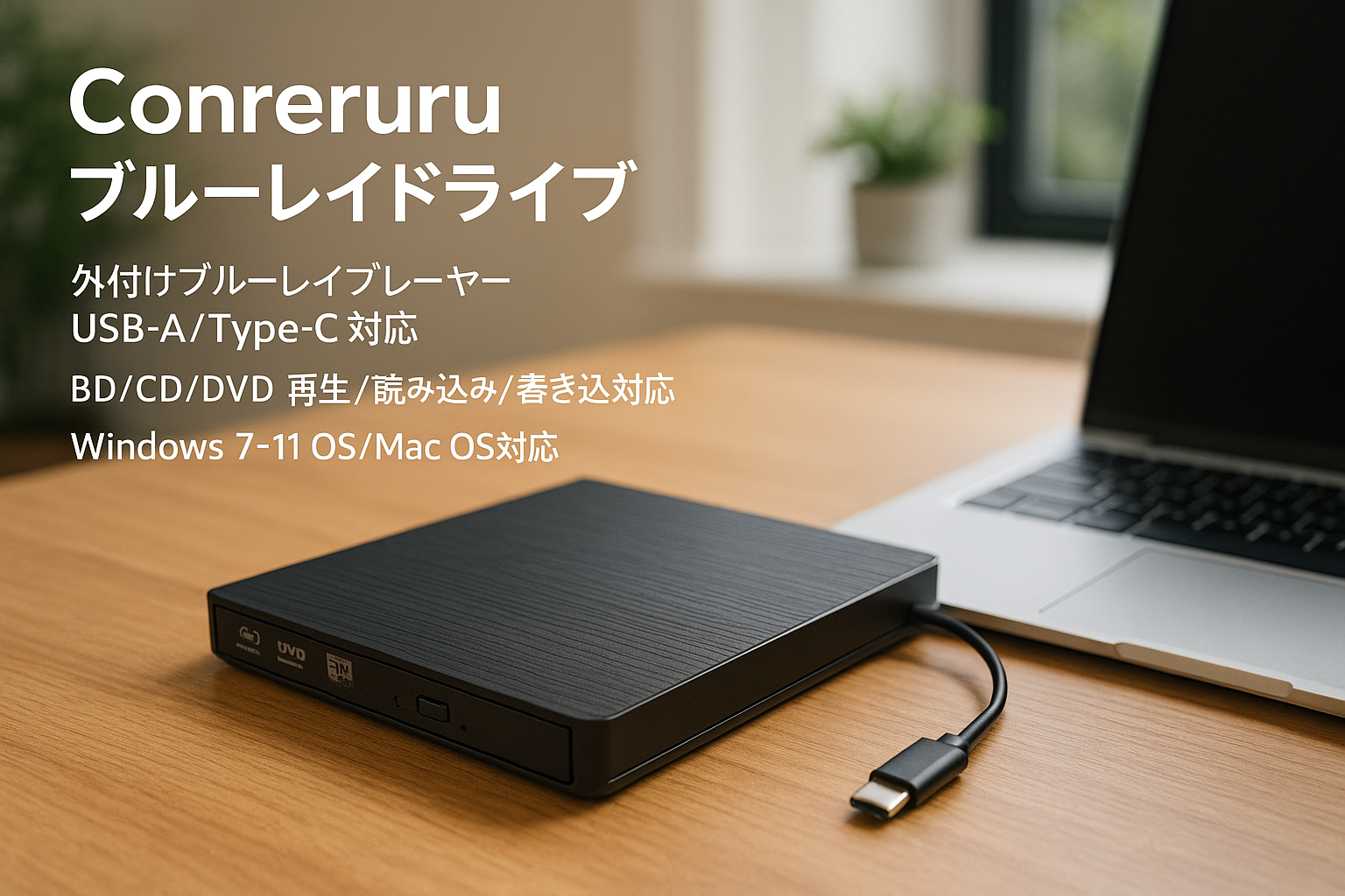 Conreruru ブルーレイドライブ 外付けブルーレイプレーヤー USB-A/Type-C対応 BD/CD/DVD プレーヤー 再生/読み込み/書き込み/焼き対応 ポータブル Blu-ray ドライブblu-ray プレイヤーWindows 7-11 OS/Mac OS対応 bdドライブ 外付け.USB5V2A給電ケーブル付きdvdプレーヤー ブルーレイ対応