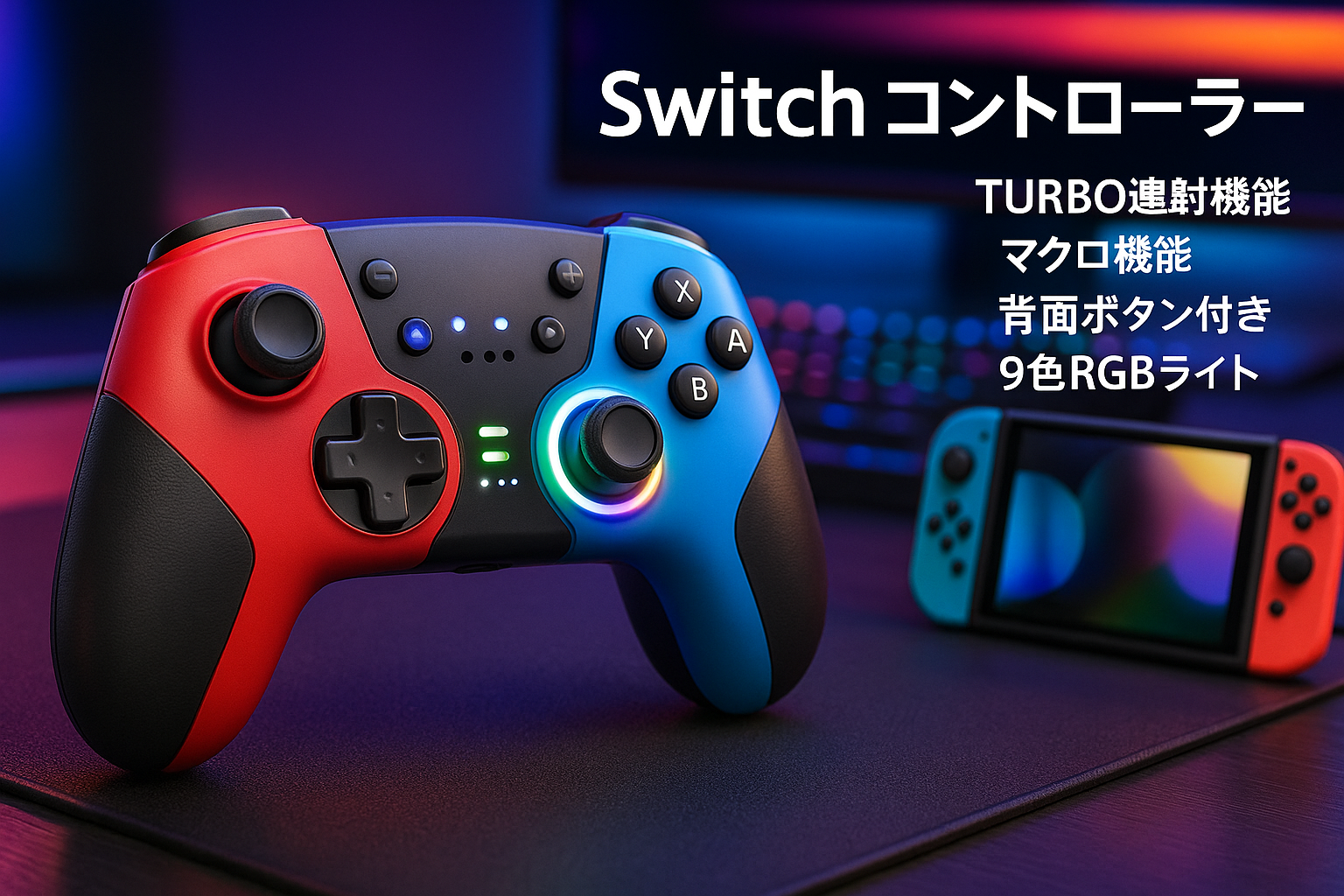 Switch コントローラー TURBO連射機能 マクロ機能 背面ボタン付き 9色RGBライト 1000mAh大容量 Bluetooth 無線接続 スイッチ コントローラー ジャイロセンサー搭載 4階段HD振動 スリープ解除 プロコン Switch/Lite/OLEDに対応 Android/IOS/PCにも対応 日本語取扱説明書付き (Red blue) [nintendo_switch]